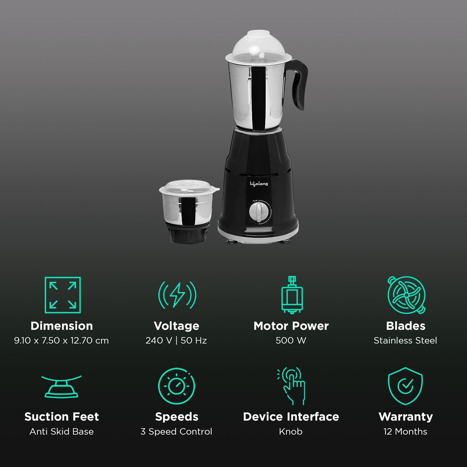 Lifelong LLMG93 500 Watt 2 Jars Mixer Grinder (Powerful Motor, Black)_3