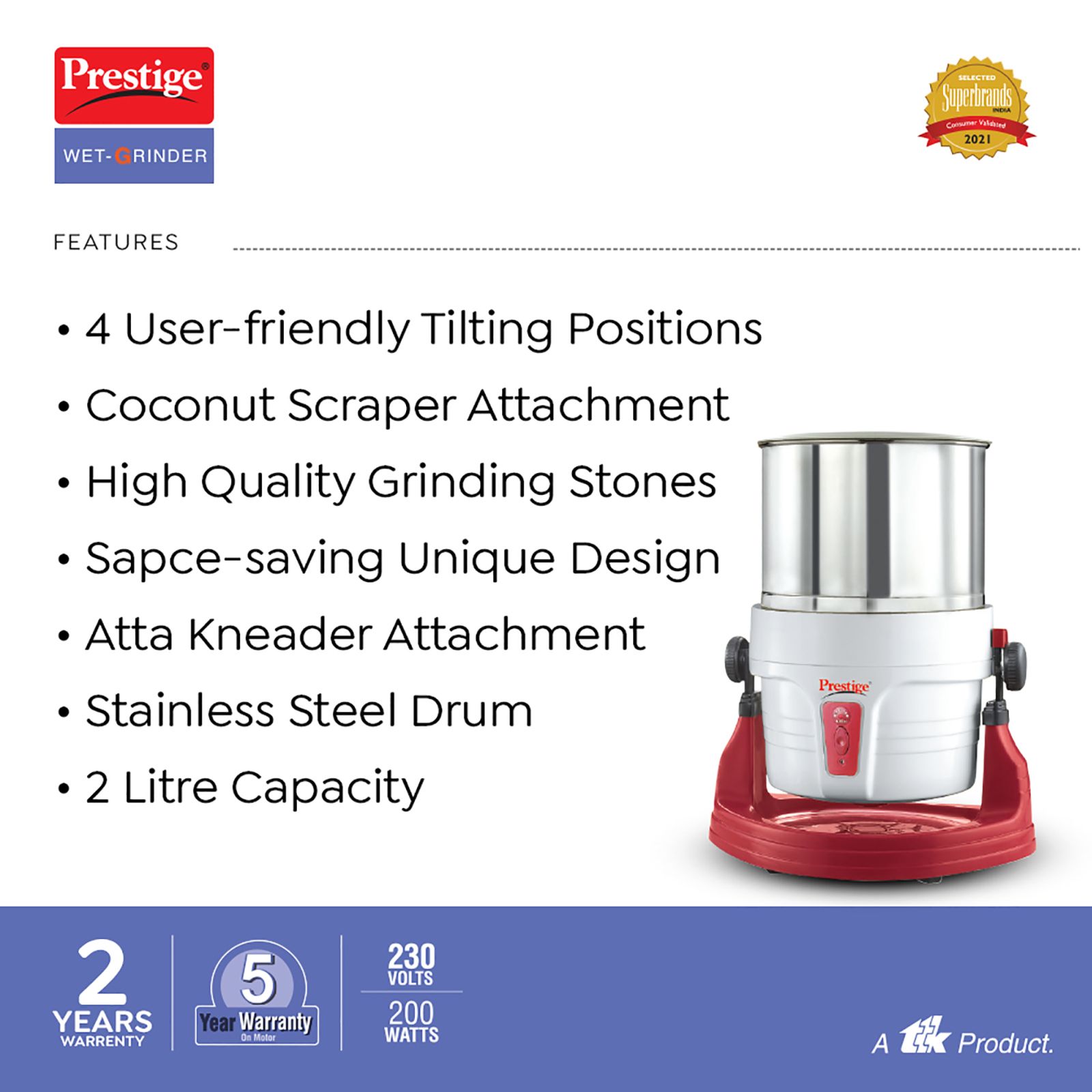 Prestige PWG 01 2 Litres Wet Grinder with Coconut Scrapper & Atta Kneader (Tilting Drum, White and Red) Prestige PWG 01 2 Litres Wet Grinder with Coconut Scrapper & Atta Kneader (Tilting Drum, White and Red)_6