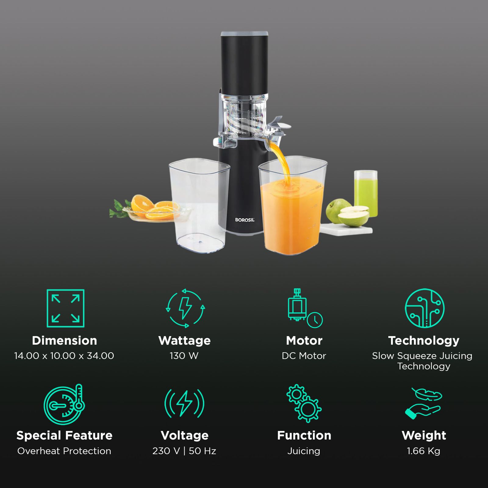 BOROSIL BSJU13WB01 130 Watt 2 Jars Cold Press Juicer (55 RPM, Slow Squeeze Juicing Technology, Black) BOROSIL BSJU13WB01 130 Watt 2 Jars Cold Press Juicer (55 RPM, Slow Squeeze Juicing Technology, Black)_2
