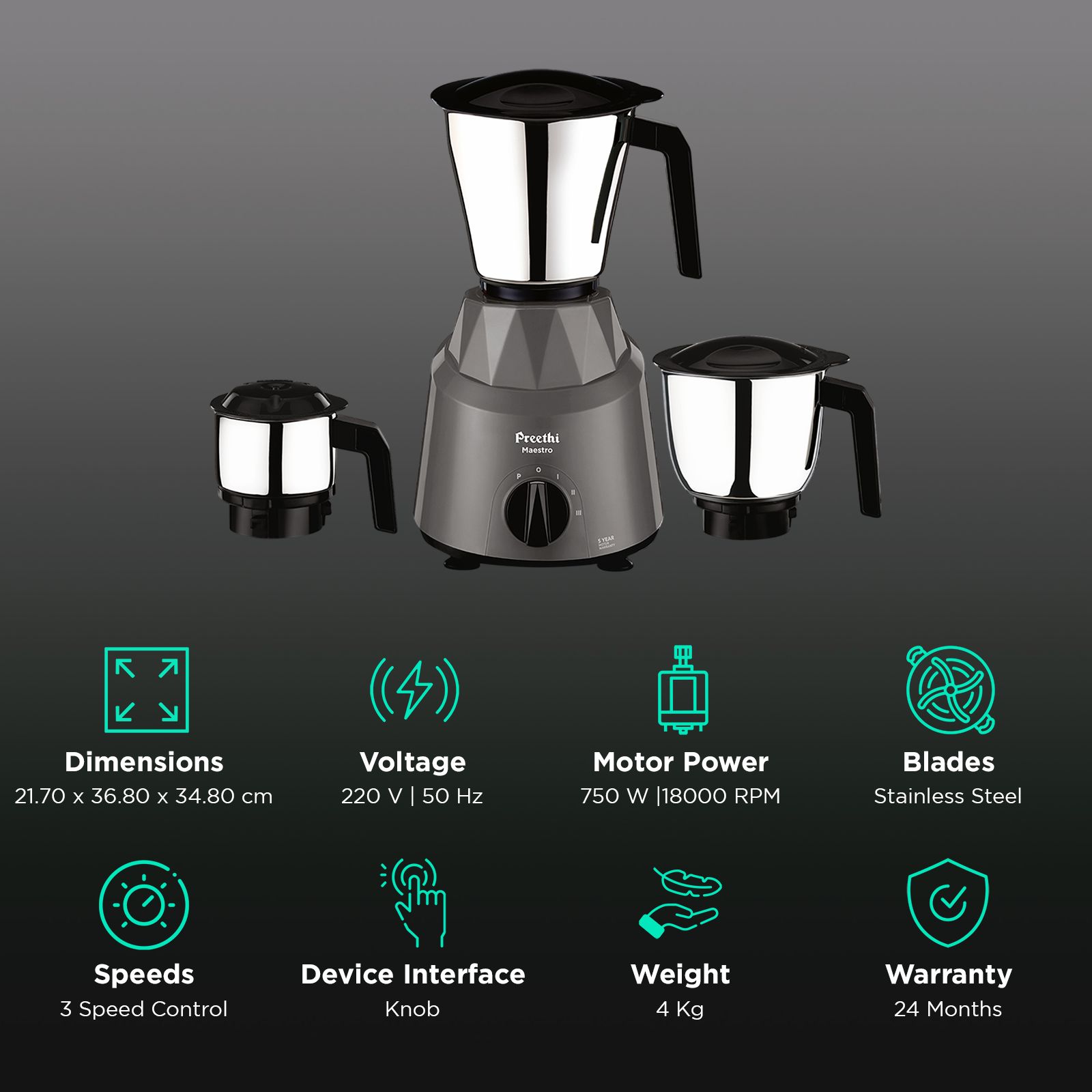 Preethi Maestro 750 Watt 3 Jars Mixer Grinder (18000 RPM, Stainless Steel Jars, Grey)_2