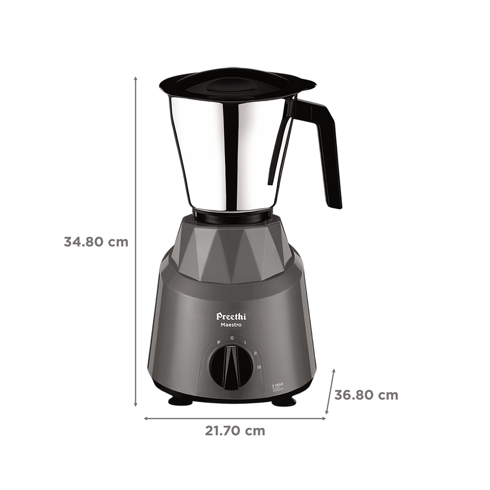 Preethi Maestro 750 Watt 3 Jars Mixer Grinder (18000 RPM, Stainless Steel Jars, Grey)_3