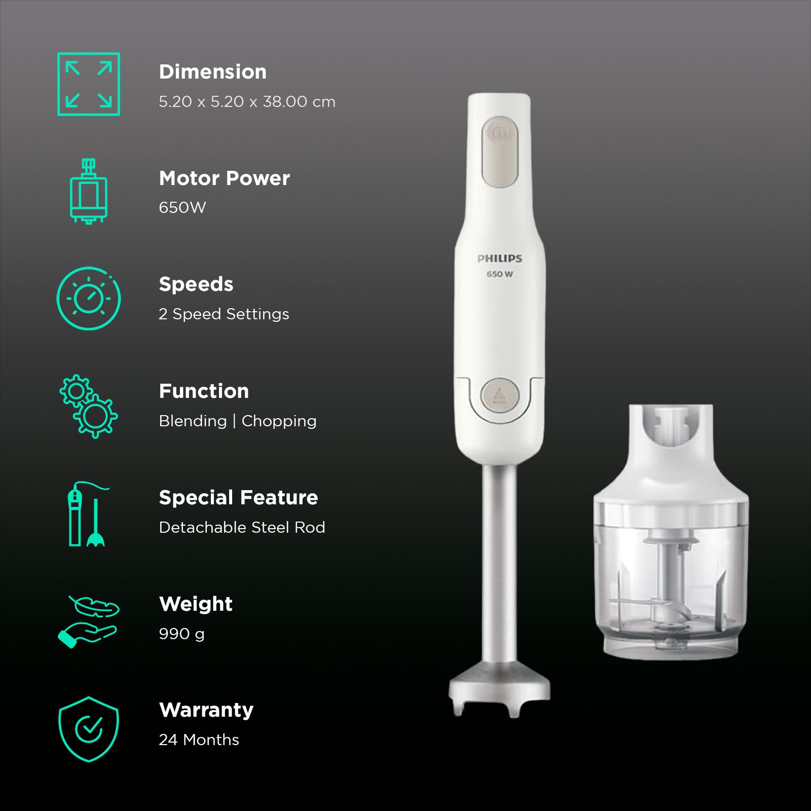 PHILIPS 650 Watt 2 Speed Hand Blender with 2 Attachments (Detachable Steel Rod, White) PHILIPS 650 Watt 2 Speed Hand Blender with 2 Attachments (Detachable Steel Rod, White)_3