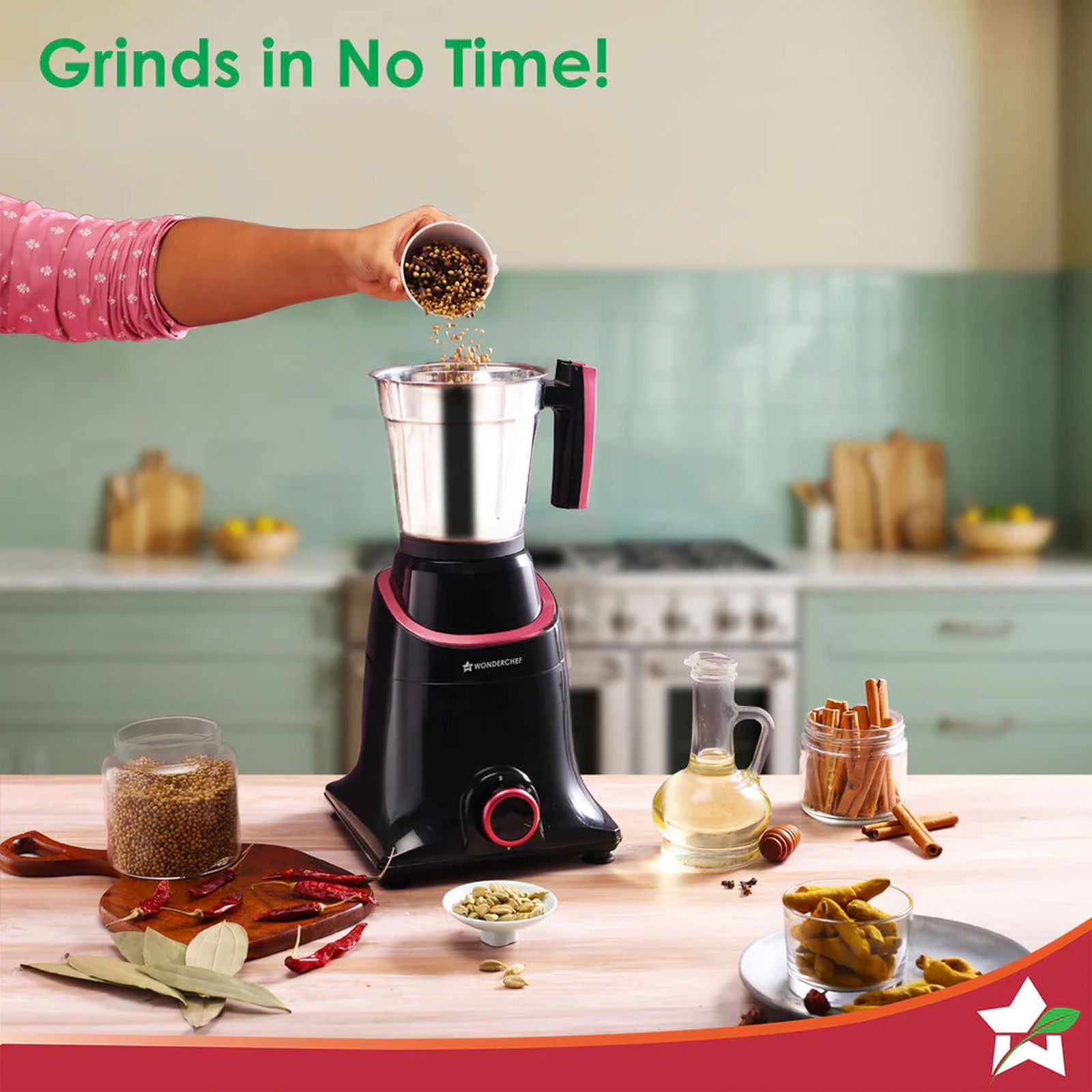 WONDERCHEF Select 750 Watt 4 Jars Mixer Grinder (18000 RPM, Overload Protection, Black Maroon)_5