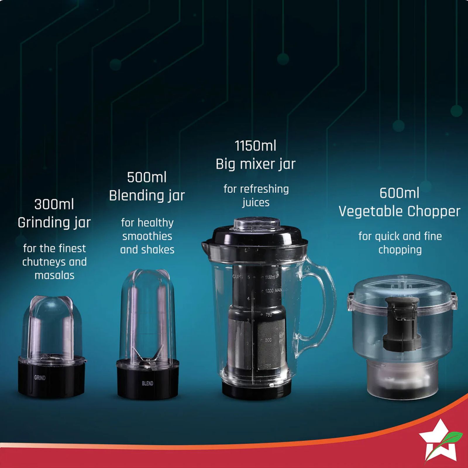 WONDERCHEF Nutri Blend Smart 500 Watt 2 Jars Mixer Grinder Blender (22000 RPM, Dual Pulse Function, Black) WONDERCHEF Nutri Blend Smart 500 Watt 2 Jars Mixer Grinder Blender (22000 RPM, Dual Pulse Function, Black)_6