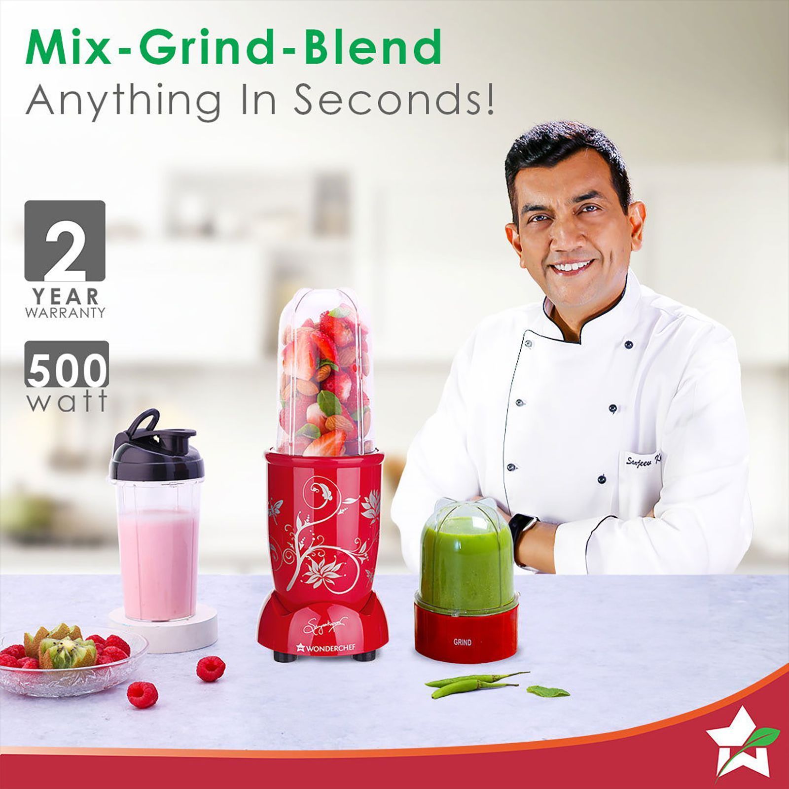 WONDERCHEF Nutri-blend 500 Watt 3 Jars Mixer Grinder Blender (22000 RPM, Powerful Motor, Red)_9