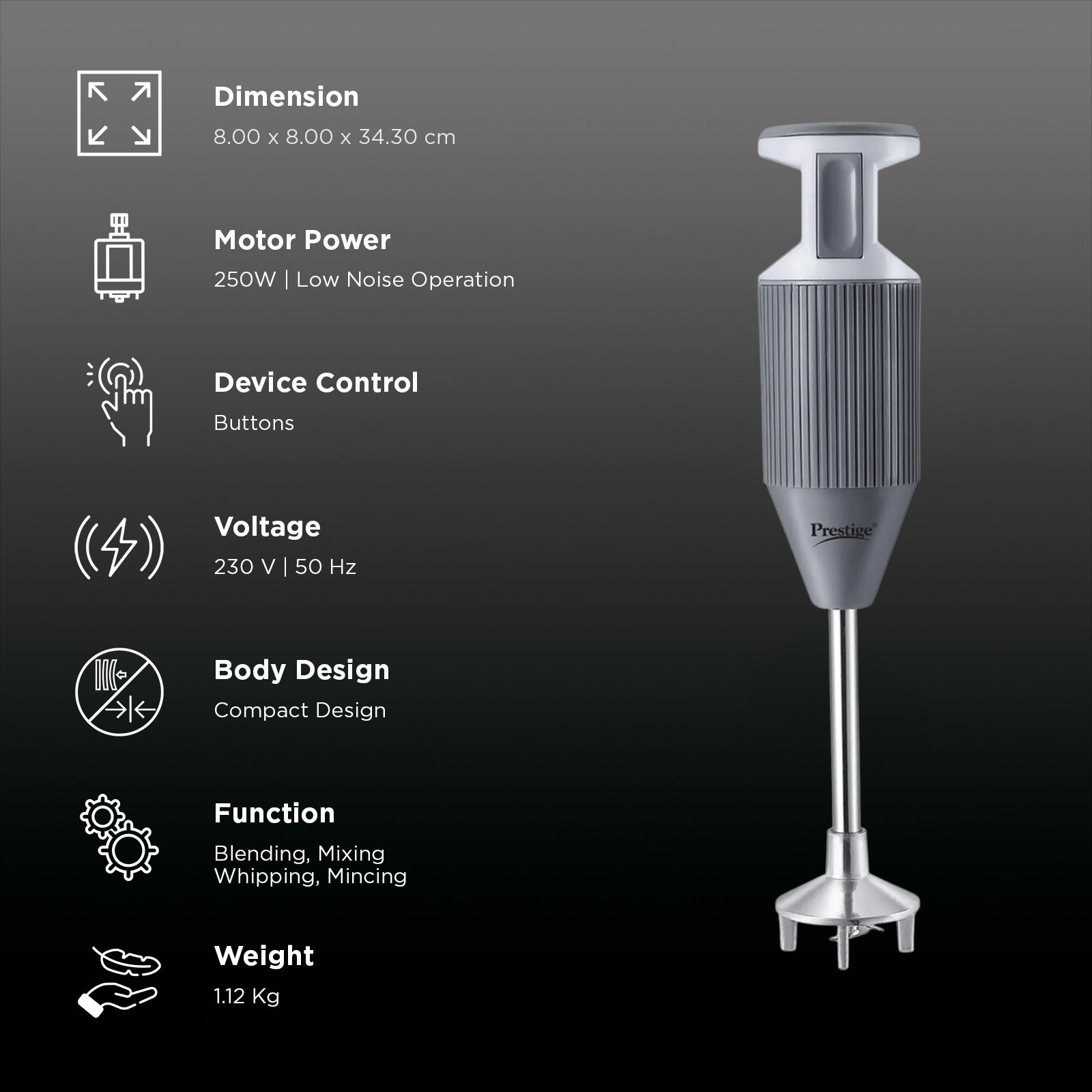 Prestige BlendX 250 Watt Hand Blender with 3 Attachments (Low Noise Operation, Grey) Prestige BlendX 250 Watt Hand Blender with 3 Attachments (Low Noise Operation, Grey)_2