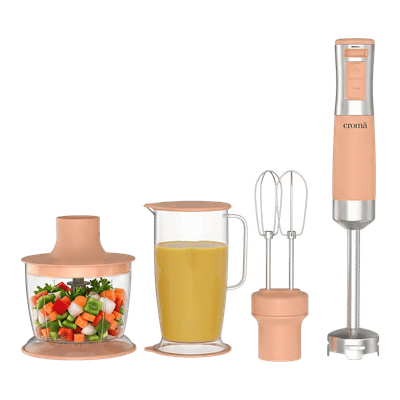Croma AK5705 600 Watt Hand Blender with 3 Attachments (Speed Selector, Peach)