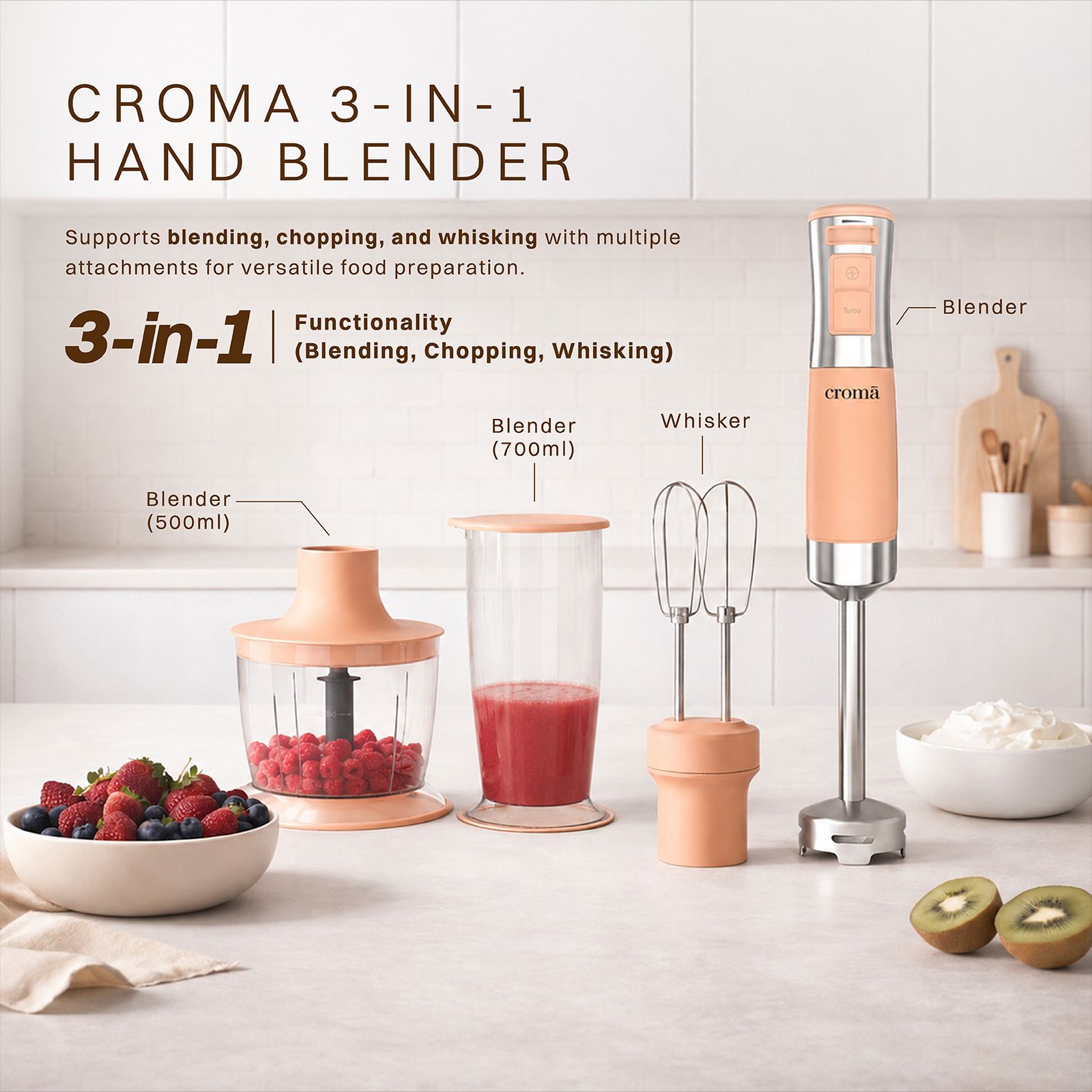 Croma AK5705 600 Watt Hand Blender with 3 Attachments (Speed Selector, Peach)_4