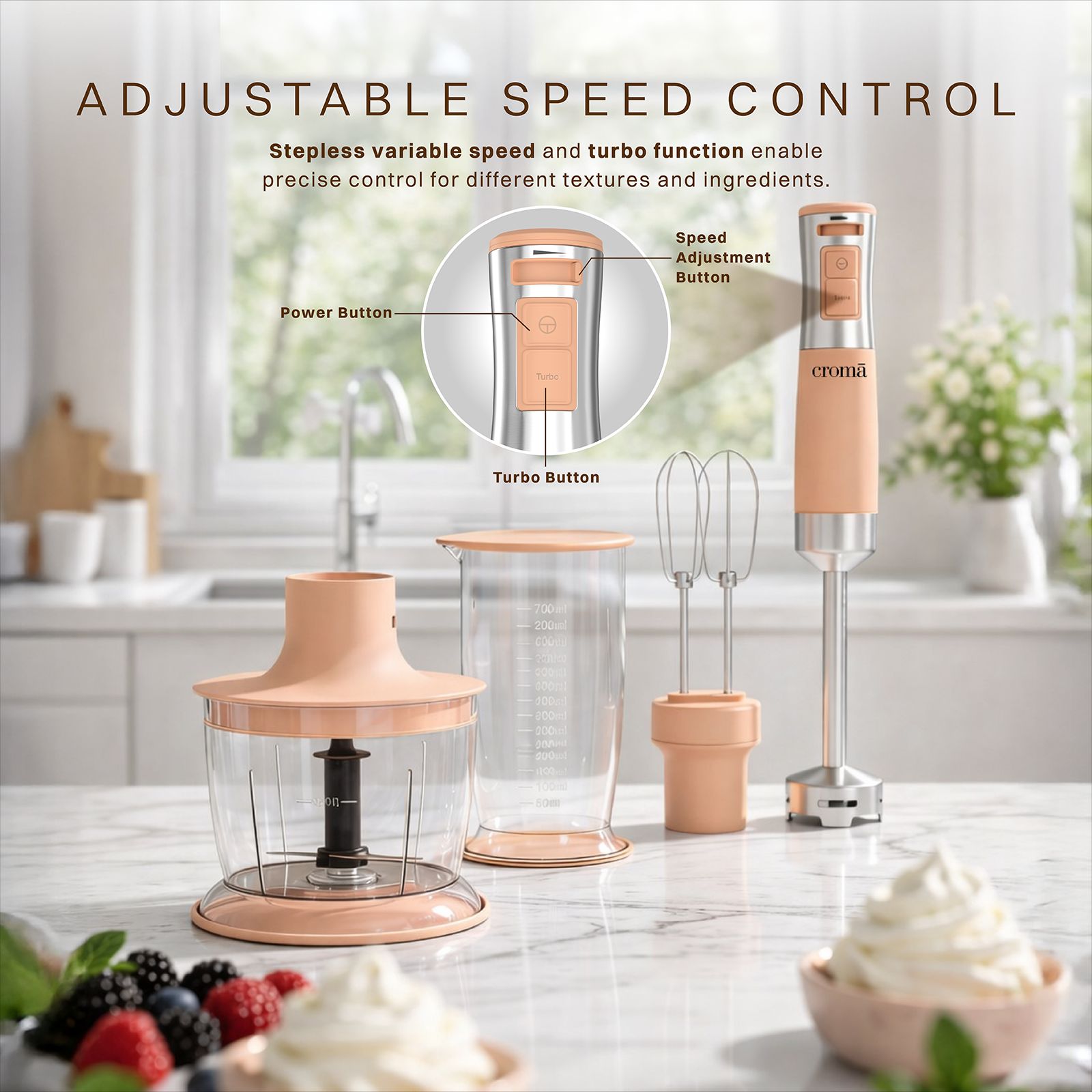 Croma AK5705 600 Watt Hand Blender with 3 Attachments (Speed Selector, Peach)_5