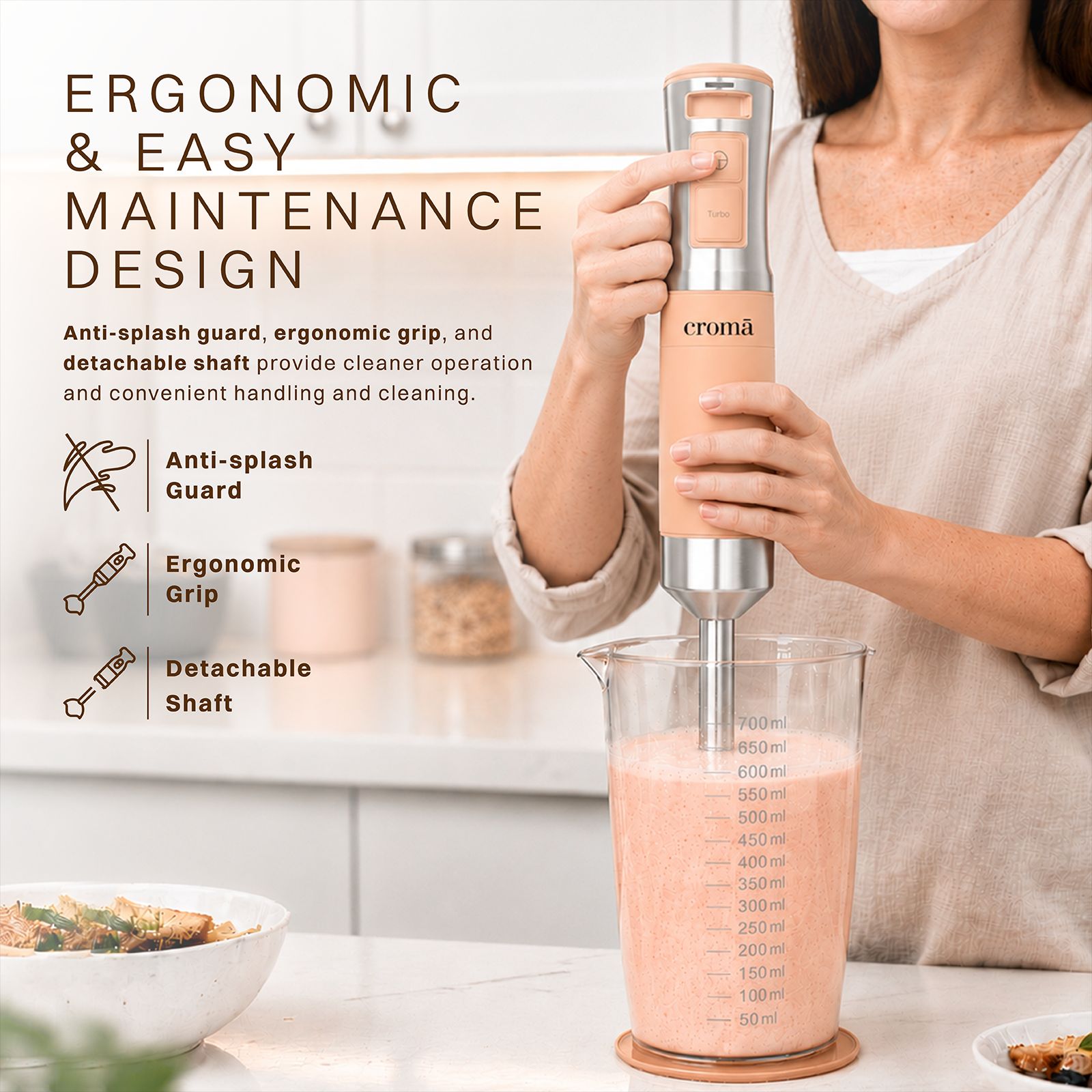 Croma AK5705 600 Watt Hand Blender with 3 Attachments (Speed Selector, Peach)_7