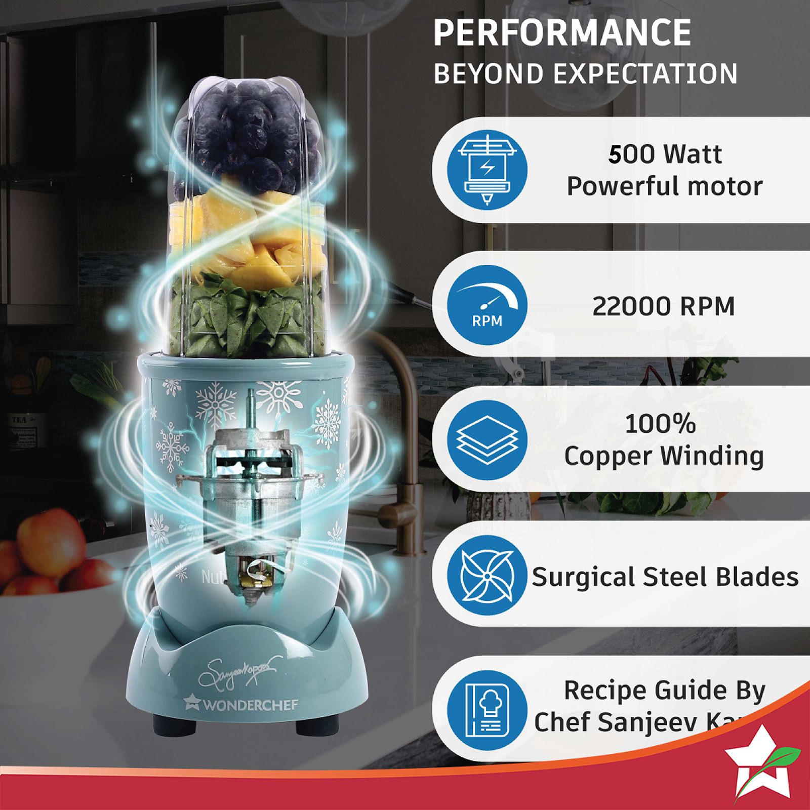 WONDERCHEF Nutri-blend Snowflakes 500 Watt 2 Jars Mixer Grinder Blender (22000 RPM, Powerful Motor, Blue) WONDERCHEF Nutri-blend Snowflakes 500 Watt 2 Jars Mixer Grinder Blender (22000 RPM, Powerful Motor, Blue)_5
