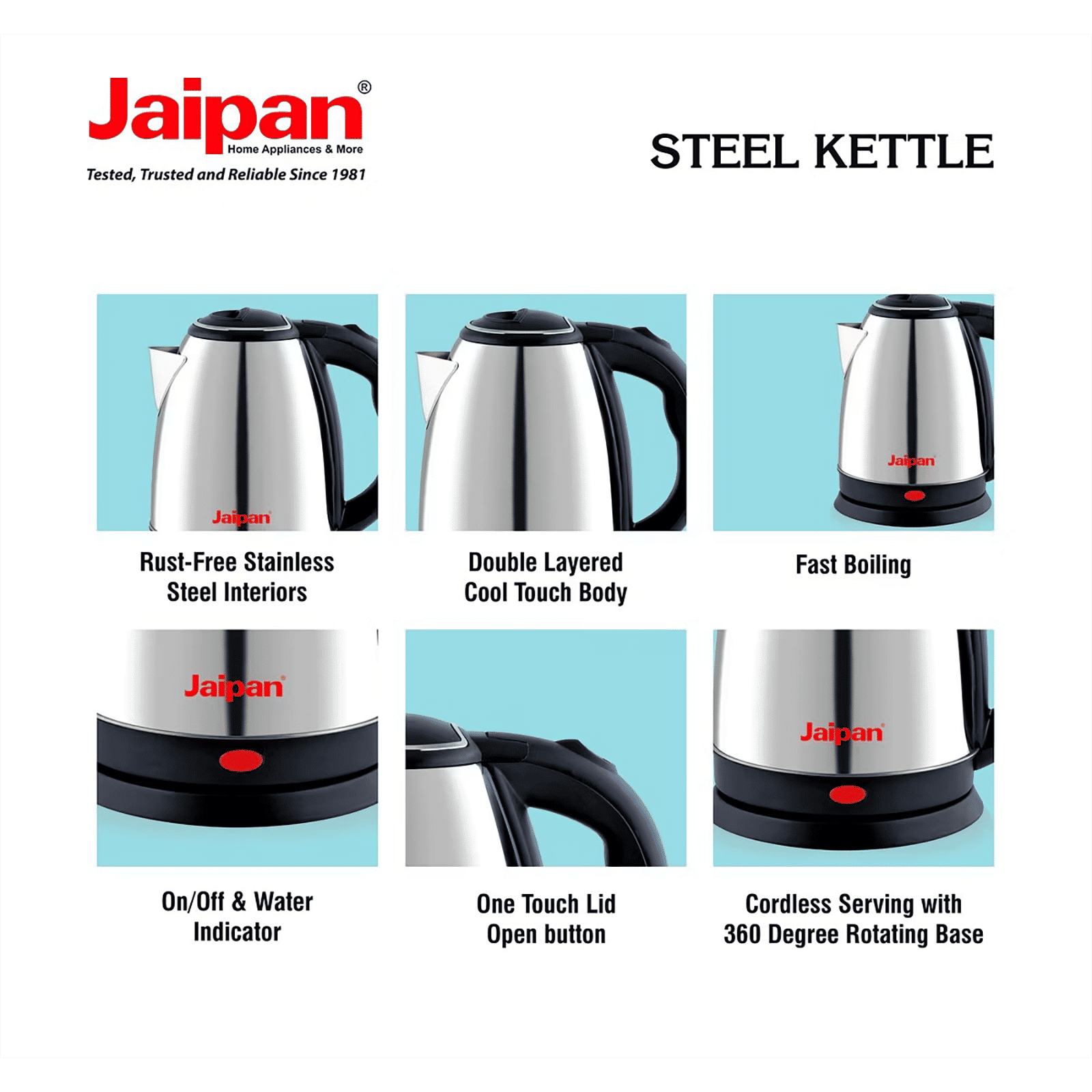 Jaipan 1500 Watt 1.8 Litre Electric Kettle with 360 Rotation Base (Silver)_5