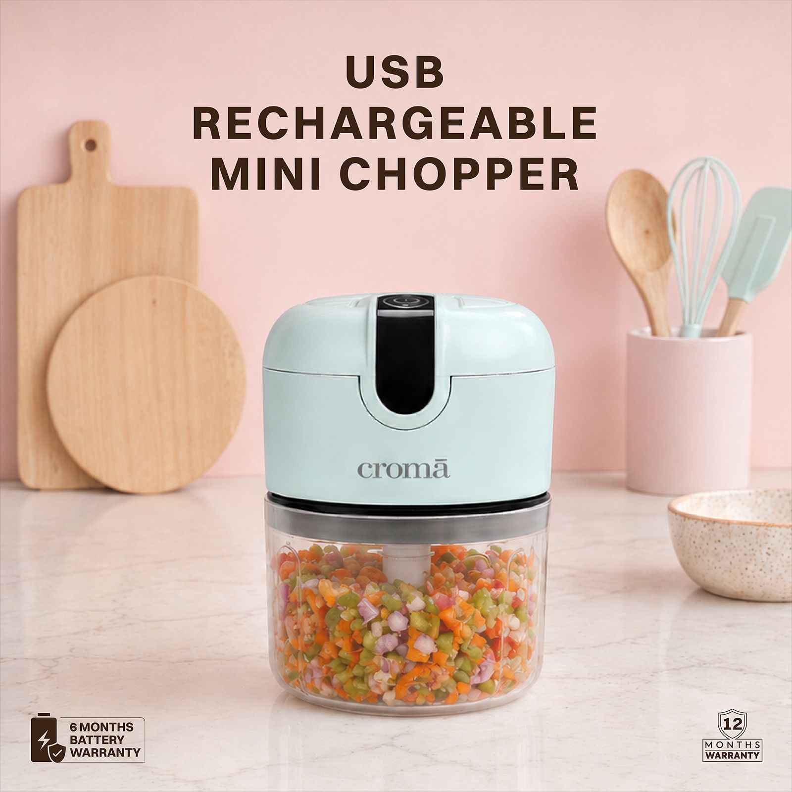 Croma 30 Watt Electric Vegetable & Fruits Chopper with 3 Blades (250ml ,White)_4