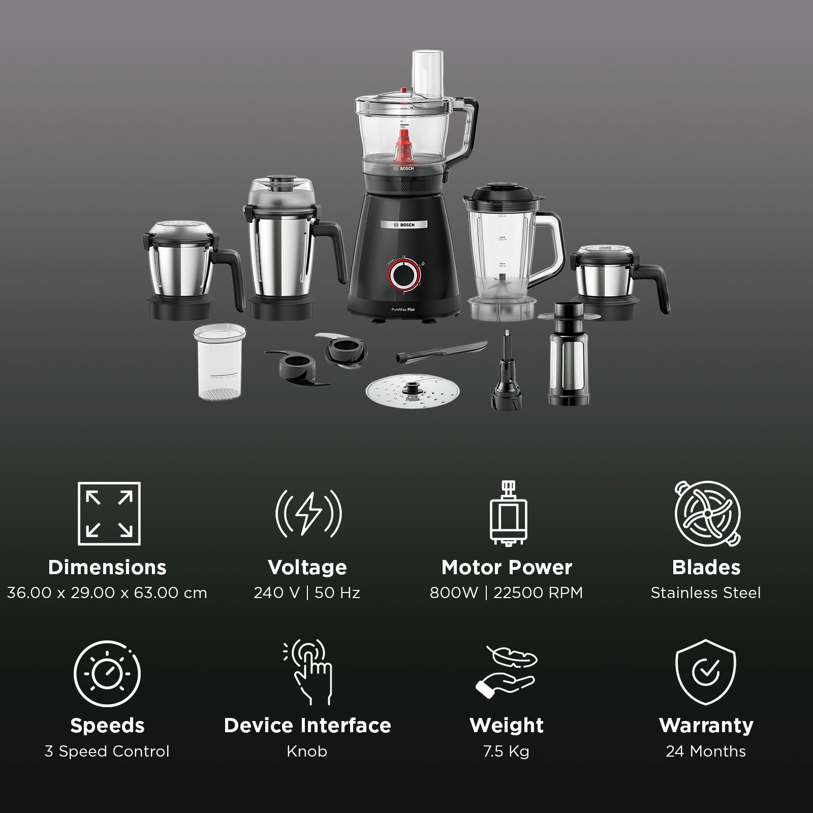 Bosch PureMixx 800 Watt 5 Jars Mixer Grinder (22500 RPM, Patented Stone Pounding Technology, Black) Bosch PureMixx 800 Watt 5 Jars Mixer Grinder (22500 RPM, Patented Stone Pounding Technology, Black)_2