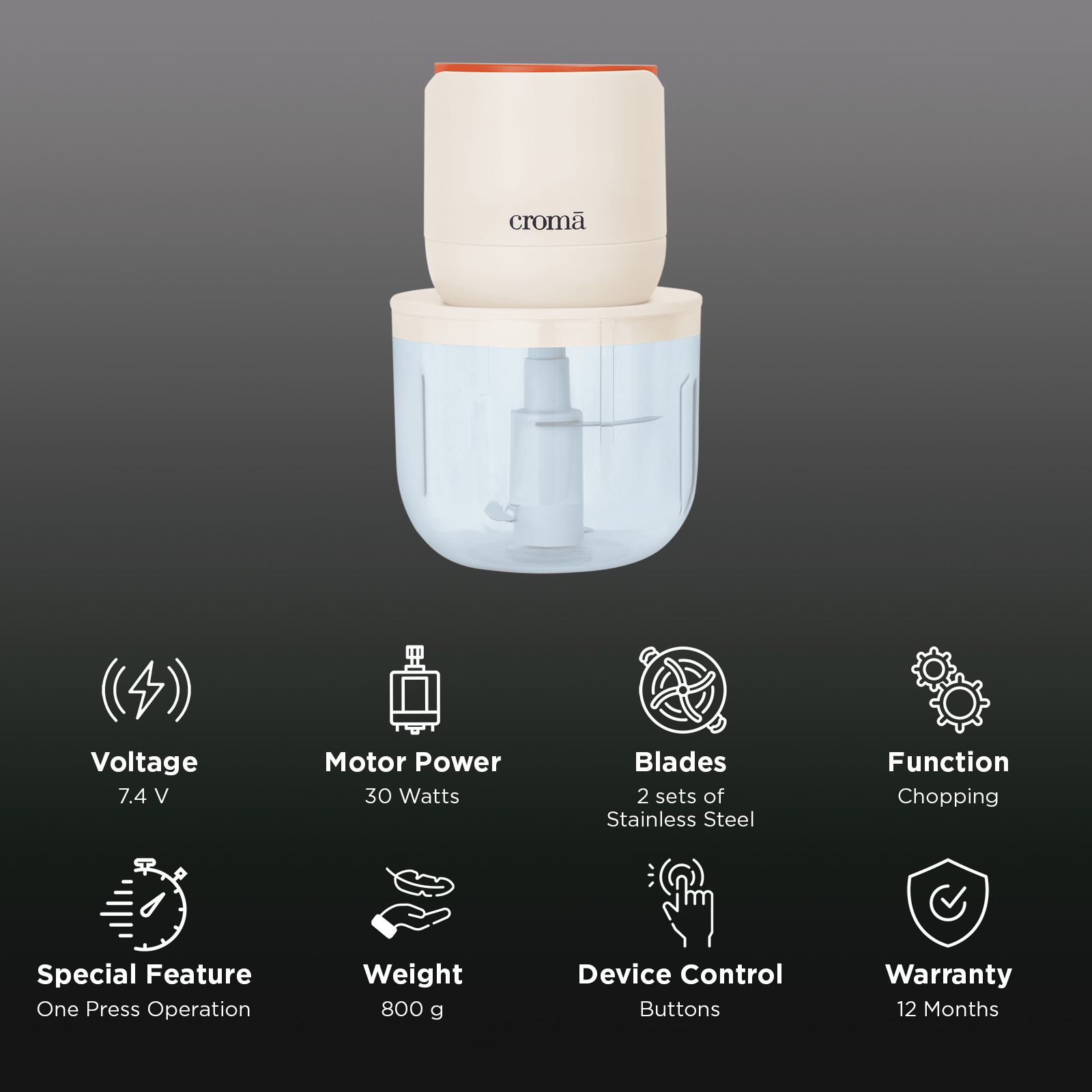 Croma 30 Watt Rechargeable Electric Vegetable & Fruit Chopper with 2 Blades (Beige)_2