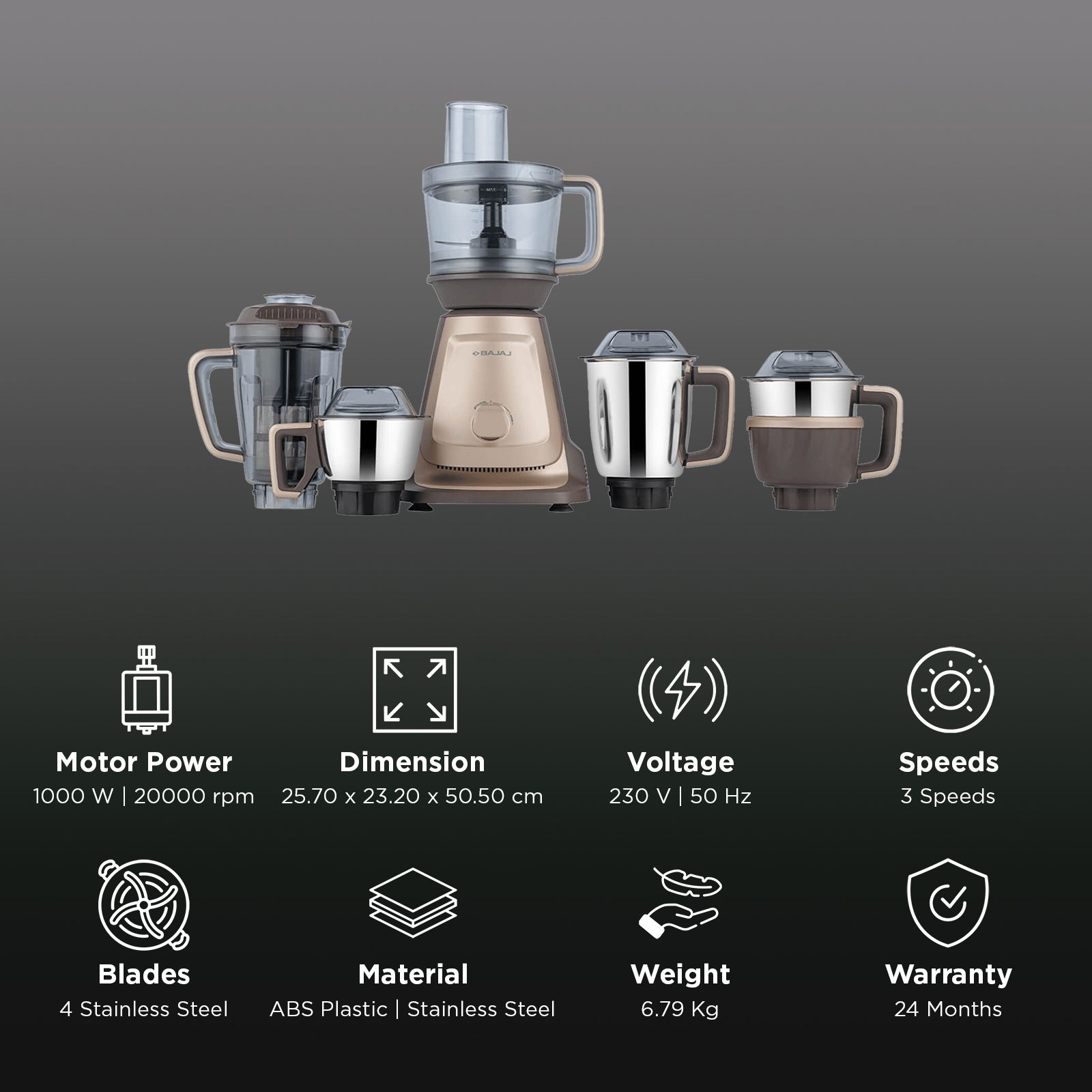 Bajaj Style Mix 1000 Watt 5 Jars Mixer Grinder (20000 RPM, Powerful Titan Motor, Sahara Beige)_2
