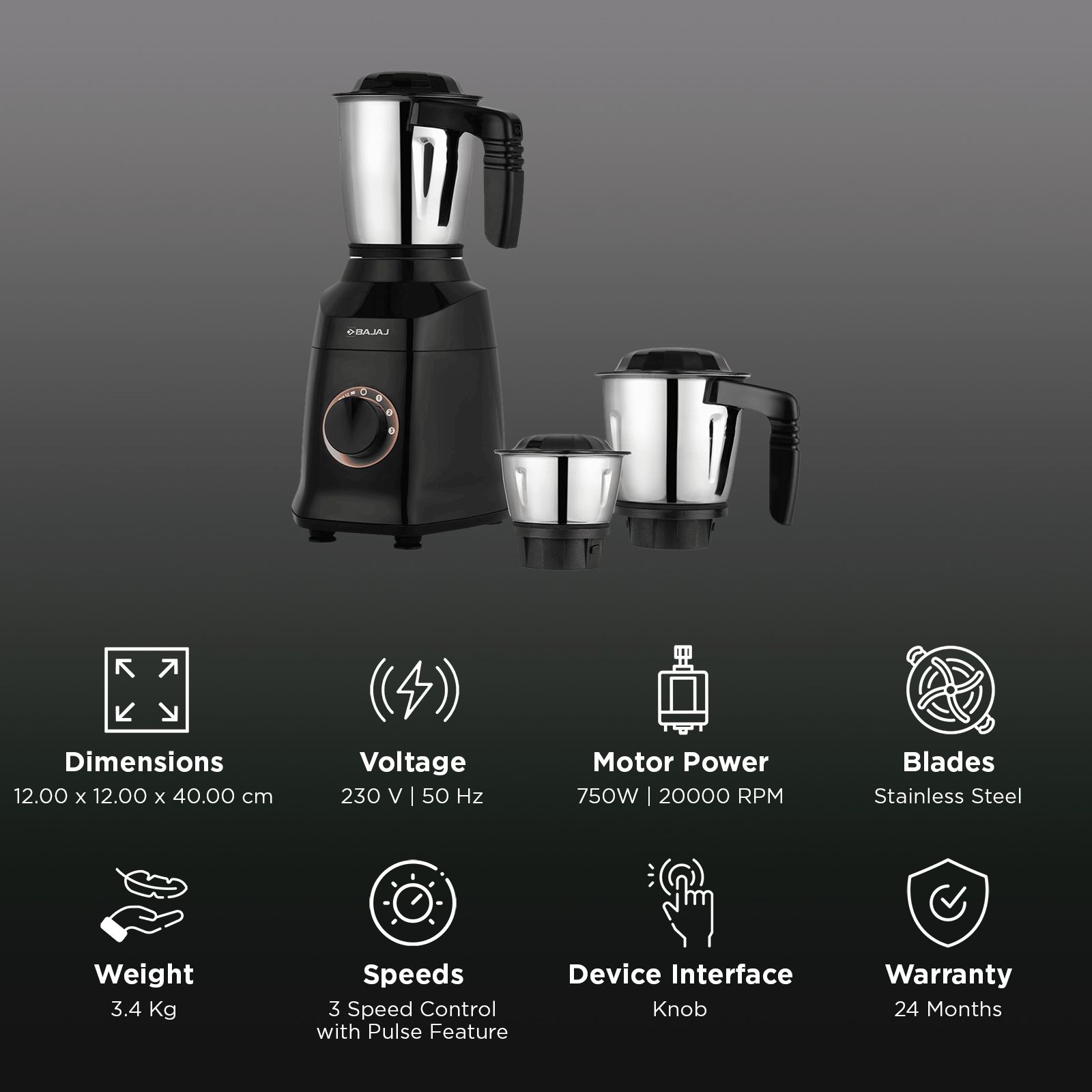 Bajaj Military Series Finesse 750 Watt 3 Jars Mixer Grinder (20000 RPM, Powerful Titan Motor, Black & Copper) Bajaj Military Series Finesse 750 Watt 3 Jars Mixer Grinder (20000 RPM, Powerful Titan Motor, Black & Copper)_2
