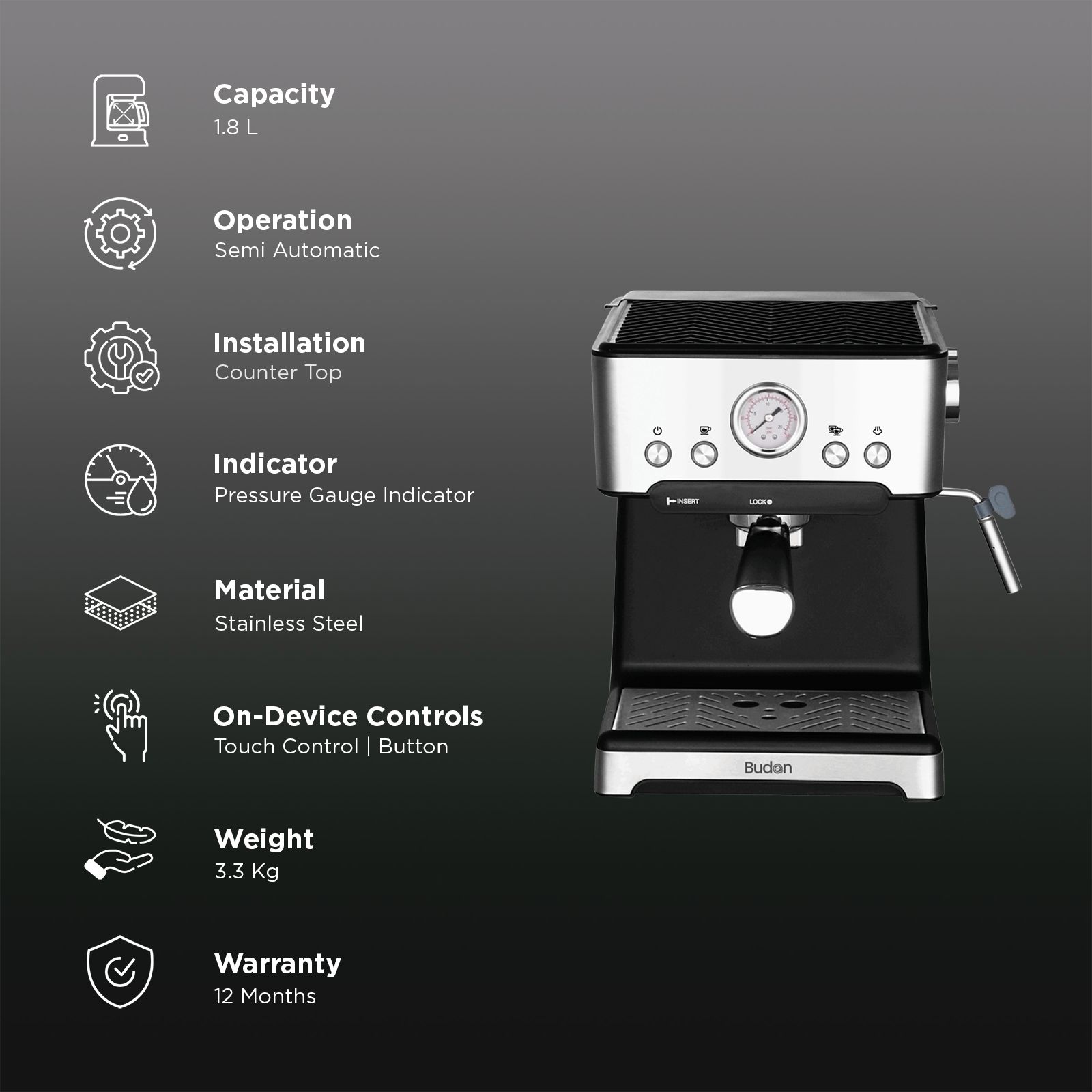 Budan BUD-Classic Semi-Automatic Coffee Maker with Pressure Gauge Indicator (Silver & Black)_3