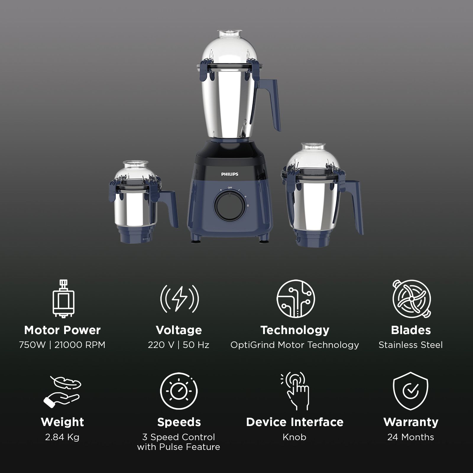 Philips HR7000/01 750 Watt 3 Jars Mixer Grinder (21000 RPM, OptiGrind Motor Technology, Blue) Philips HR7000/01 750 Watt 3 Jars Mixer Grinder (21000 RPM, OptiGrind Motor Technology, Blue)_2