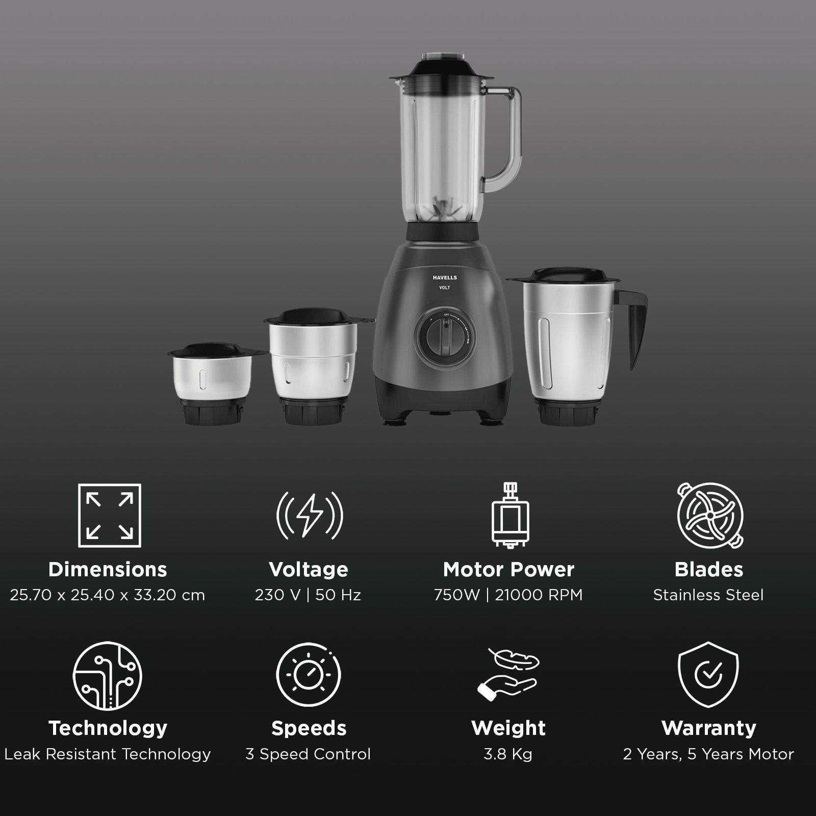 Havells Volt 750 Watt 4 Jars Mixer Grinder (21000 RPM, Grey)_2