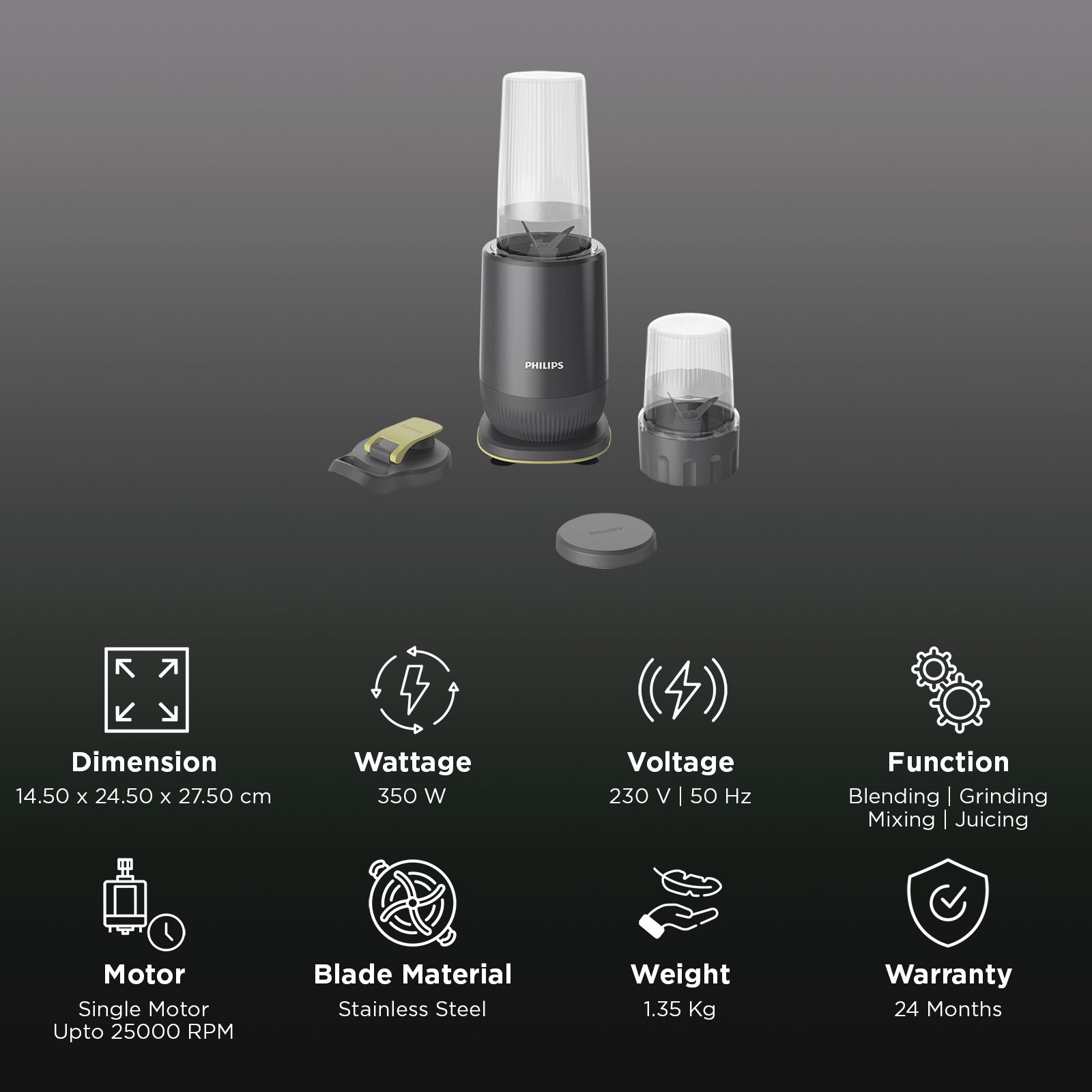 Philips HR2613/00 350 Watt 3 Jars Juicer Blender (25000 RPM, Leak-Proof Sipper Lid, Grey) Philips HR2613/00 350 Watt 3 Jars Juicer Blender (25000 RPM, Leak-Proof Sipper Lid, Grey)_2