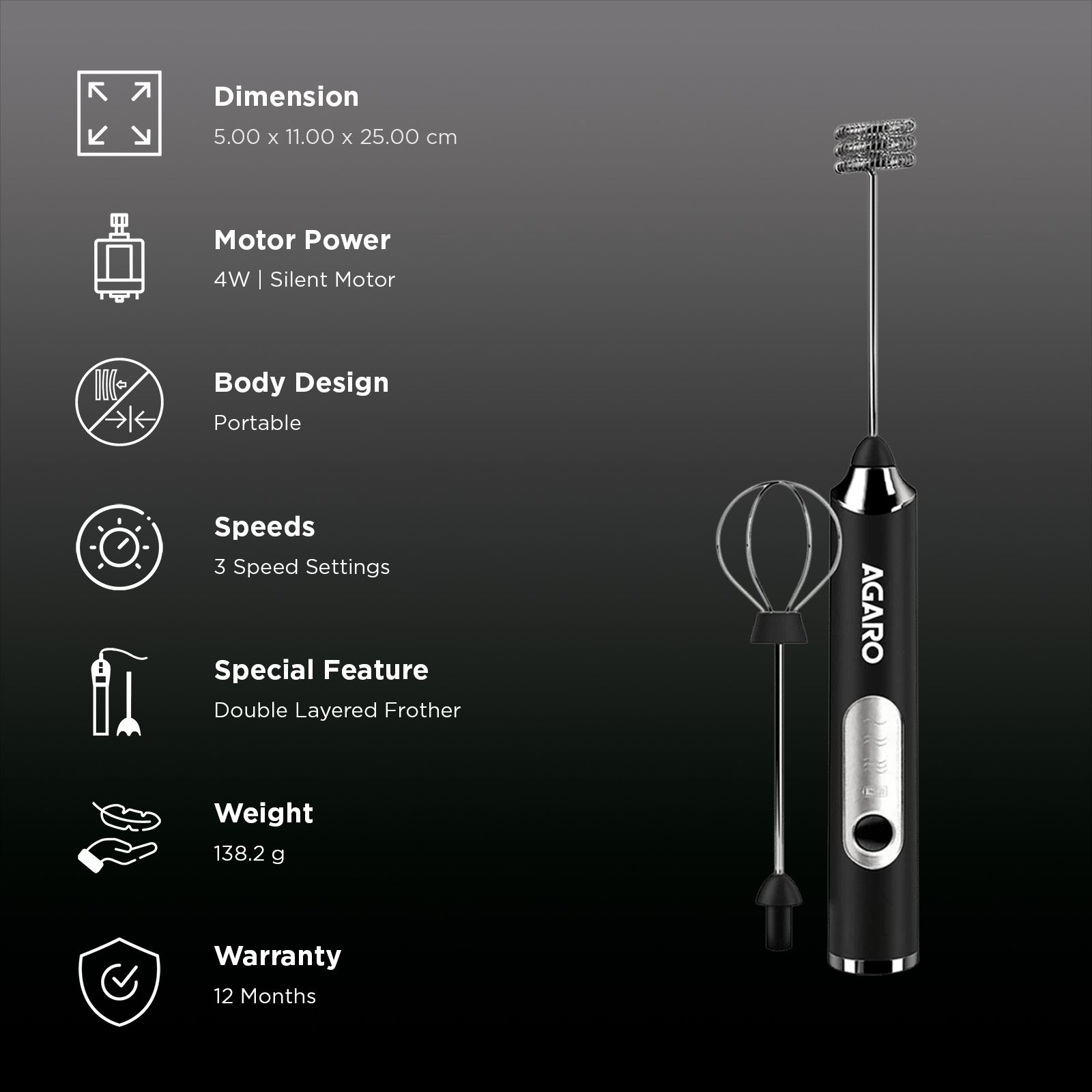 Agaro Royal 4 Watt 3 Speed Milk Frother with 2 Attachments (Rechargeable, Black)_2