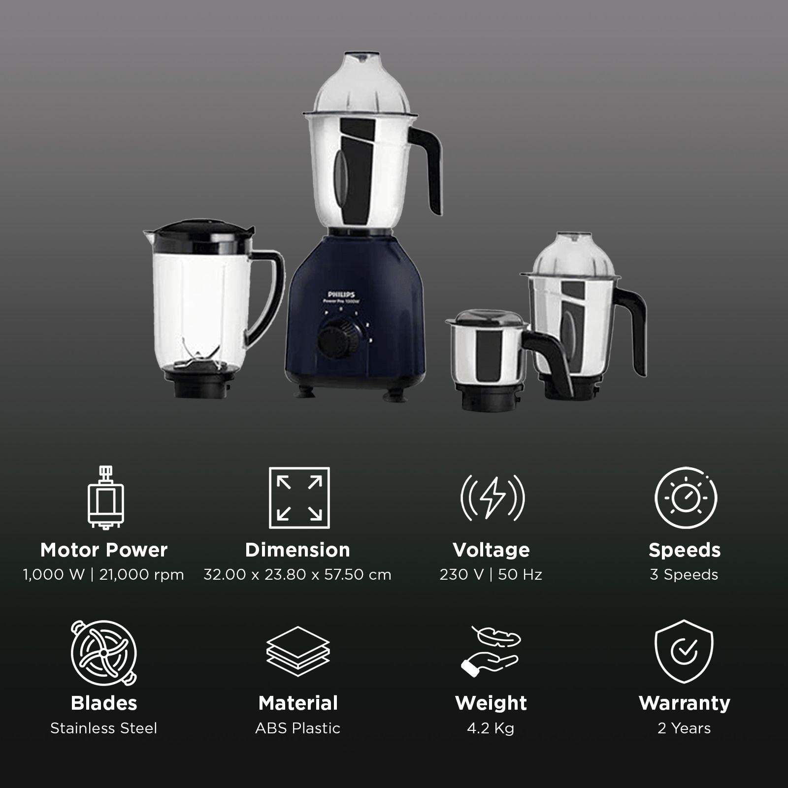 PHILIPS Power Pro 1000 Watt 4 Jars Mixer Grinder (21000 RPM, Quick Cool Ventilation Technology, Azure Blue) PHILIPS Power Pro 1000 Watt 4 Jars Mixer Grinder (21000 RPM, Quick Cool Ventilation Technology, Azure Blue)_2