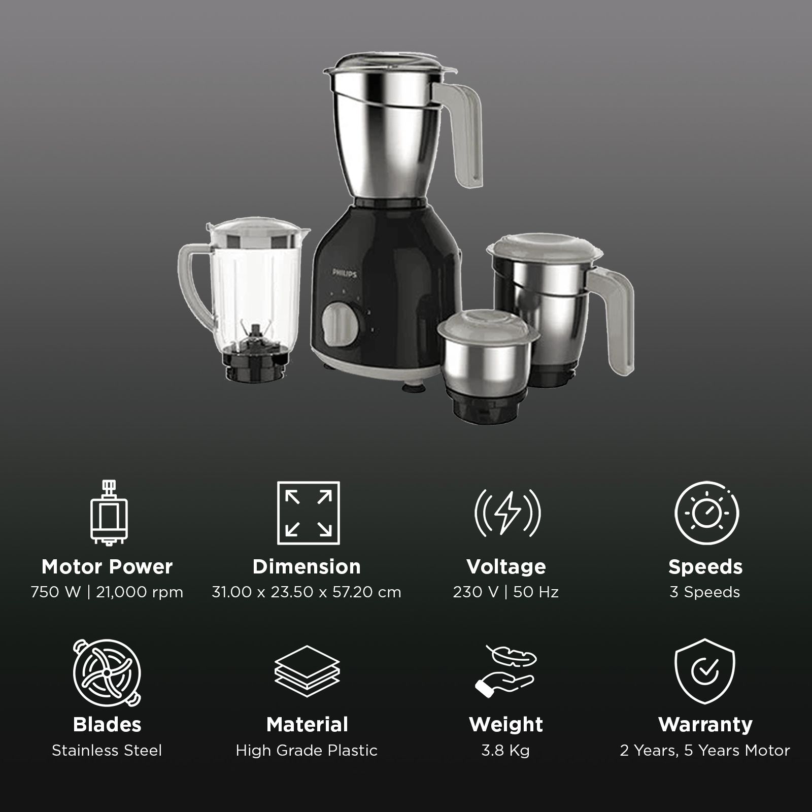 PHILIPS HL7759/00 750 Watt 4 Jars Mixer Grinder (21000 RPM, Turbo Motor, Black)_2
