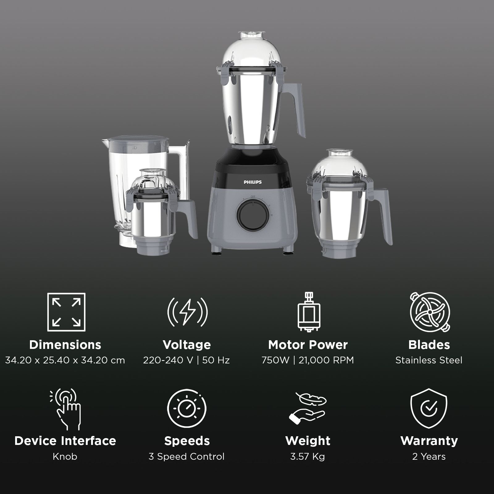 PHILIPS HR7001/01 750 Watt 4 Jars Mixer Grinder (21000 RPM, Ergonomic Grip, Grey) PHILIPS HR7001/01 750 Watt 4 Jars Mixer Grinder (21000 RPM, Ergonomic Grip, Grey)_2