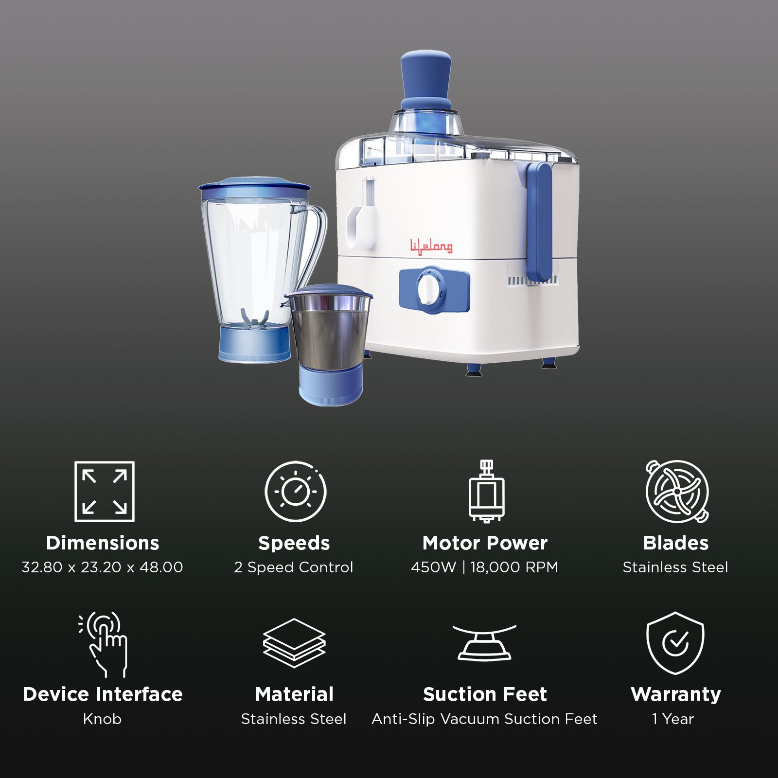 Lifelong LLJMG04 450 Watt 2 Jars Juicer Mixer Grinder (18000 RPM, 2 Speed Control, White & Blue)_3