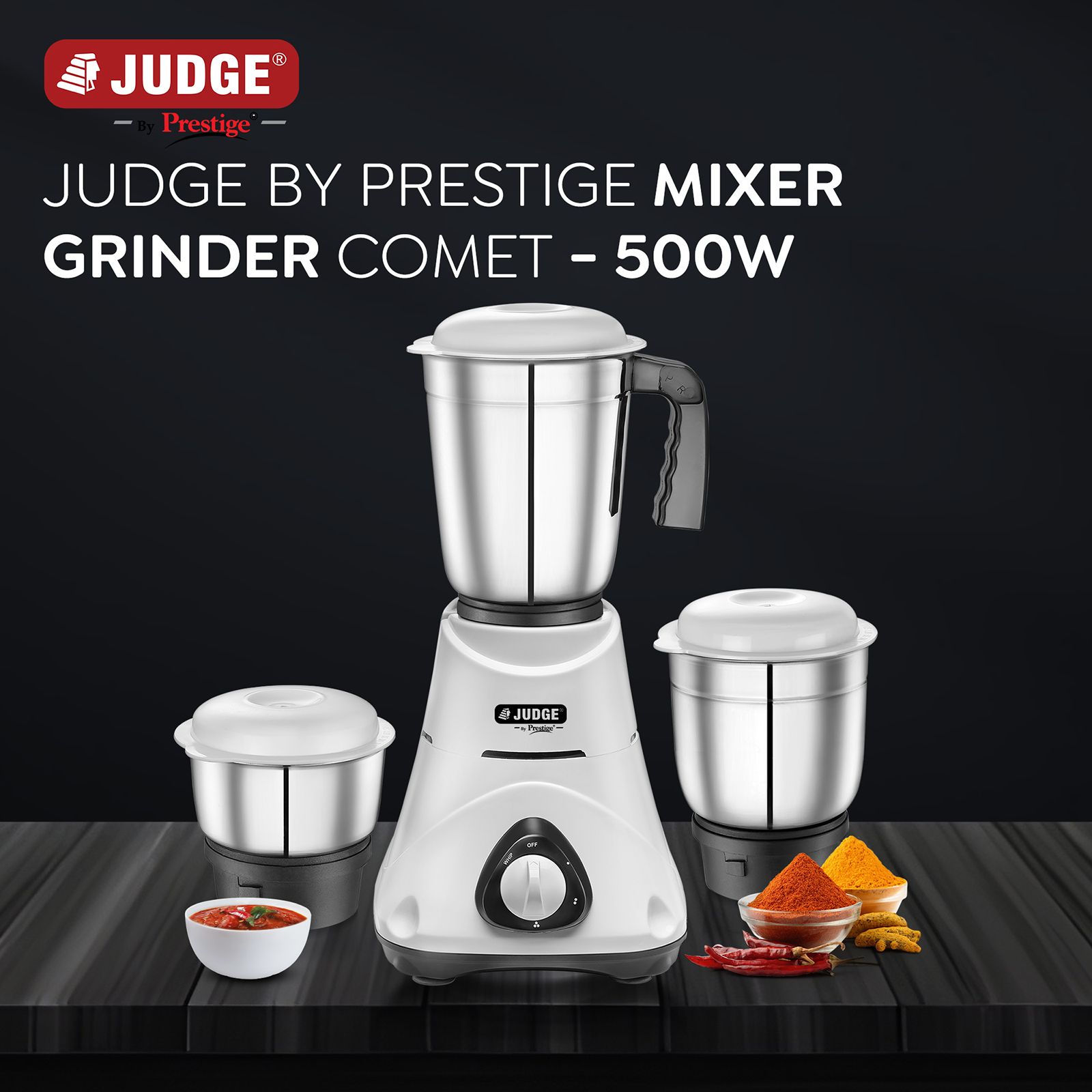 JUDGE By Prestige Comet 500 Watt 3 Jars Mixer Grinder (19000 RPM, Overload Protector, White)_2