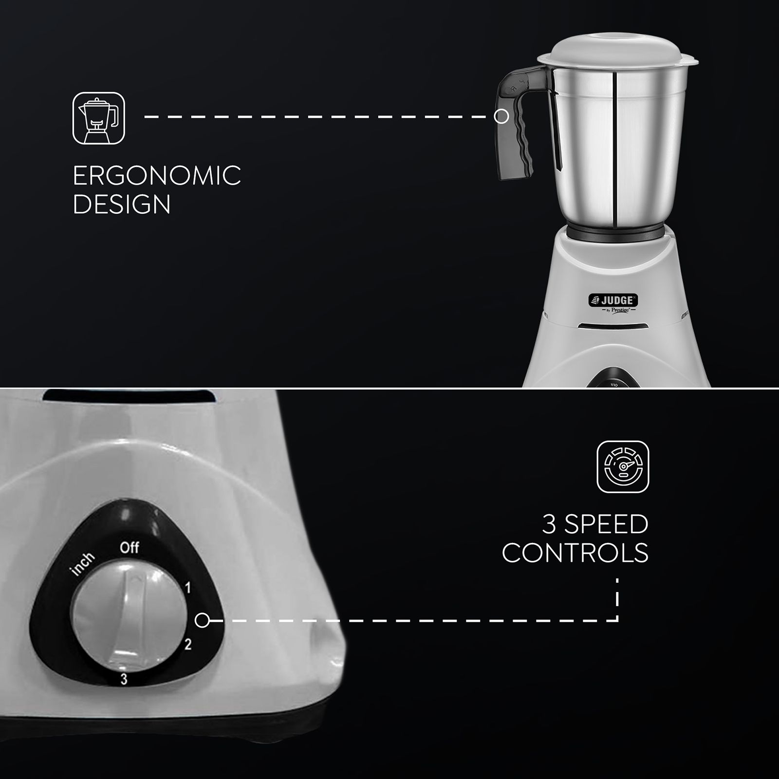 JUDGE By Prestige Comet 500 Watt 3 Jars Mixer Grinder (19000 RPM, Overload Protector, White)_4