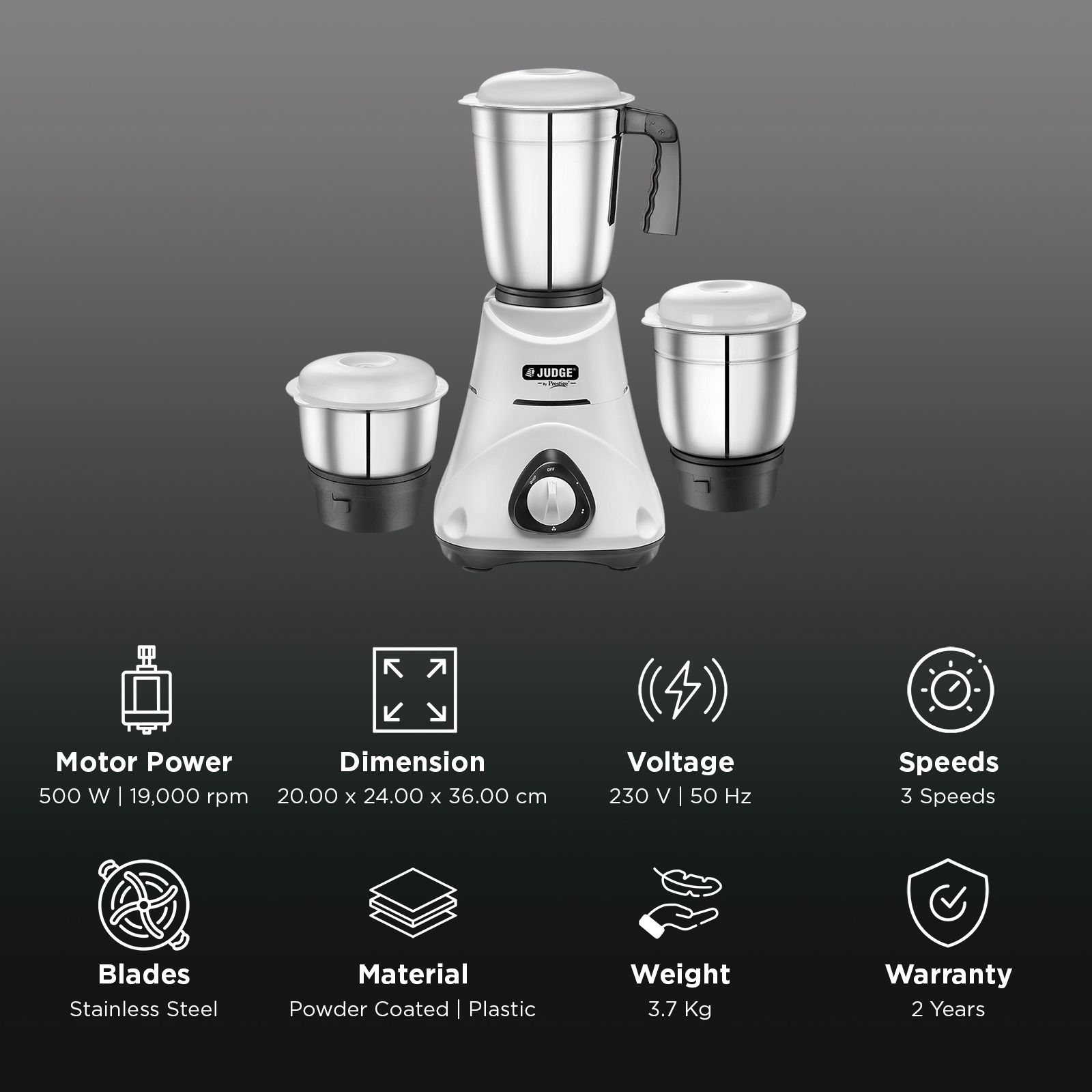 JUDGE By Prestige Comet 500 Watt 3 Jars Mixer Grinder (19000 RPM, Overload Protector, White) JUDGE By Prestige Comet 500 Watt 3 Jars Mixer Grinder (19000 RPM, Overload Protector, White)_2