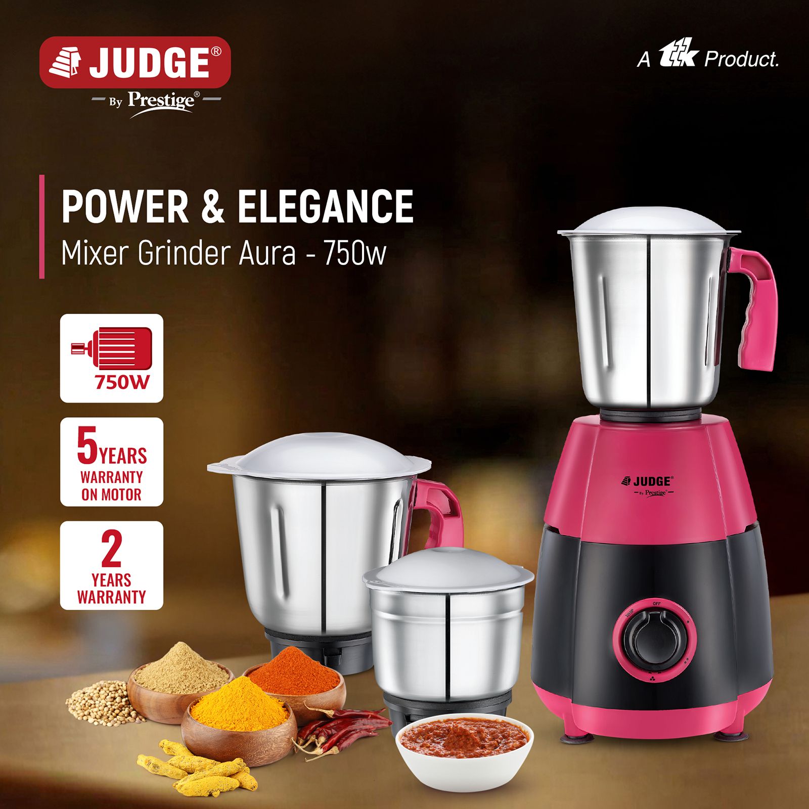 JUDGE By Prestige Aura 750 Watt 3 Jars Mixer Grinder (21000 RPM, Rust Resistant, Pink & Black)_2