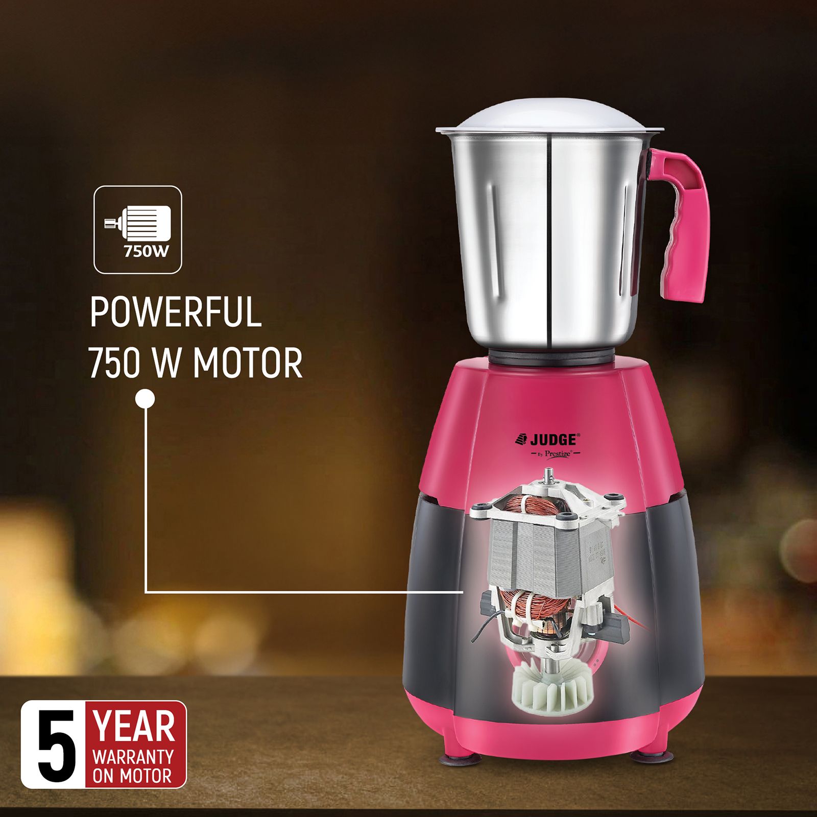 JUDGE By Prestige Aura 750 Watt 3 Jars Mixer Grinder (21000 RPM, Rust Resistant, Pink & Black)_3