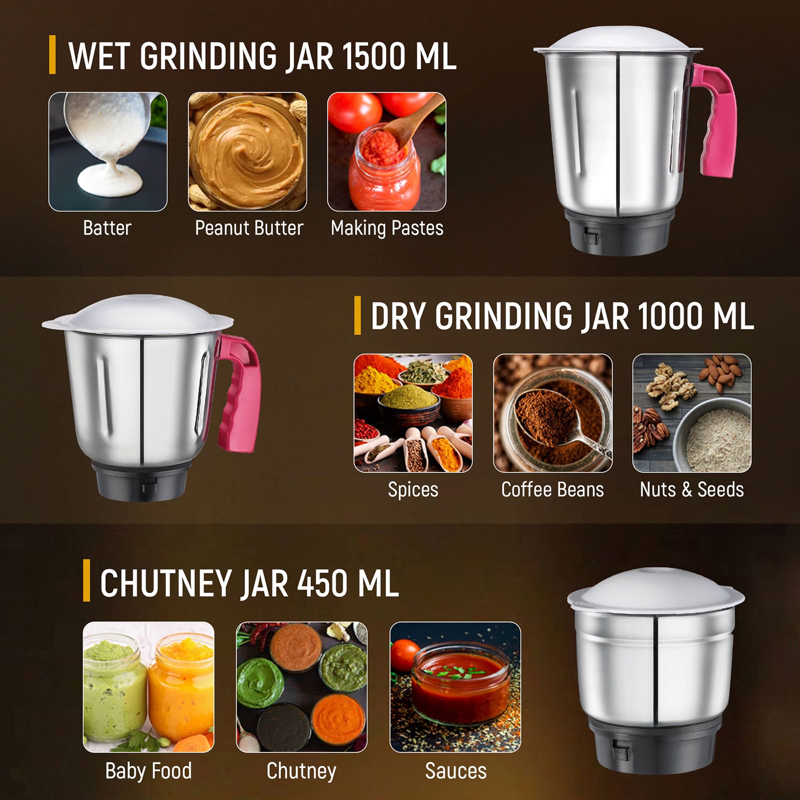 JUDGE By Prestige Aura 750 Watt 3 Jars Mixer Grinder (21000 RPM, Rust Resistant, Pink & Black)_4
