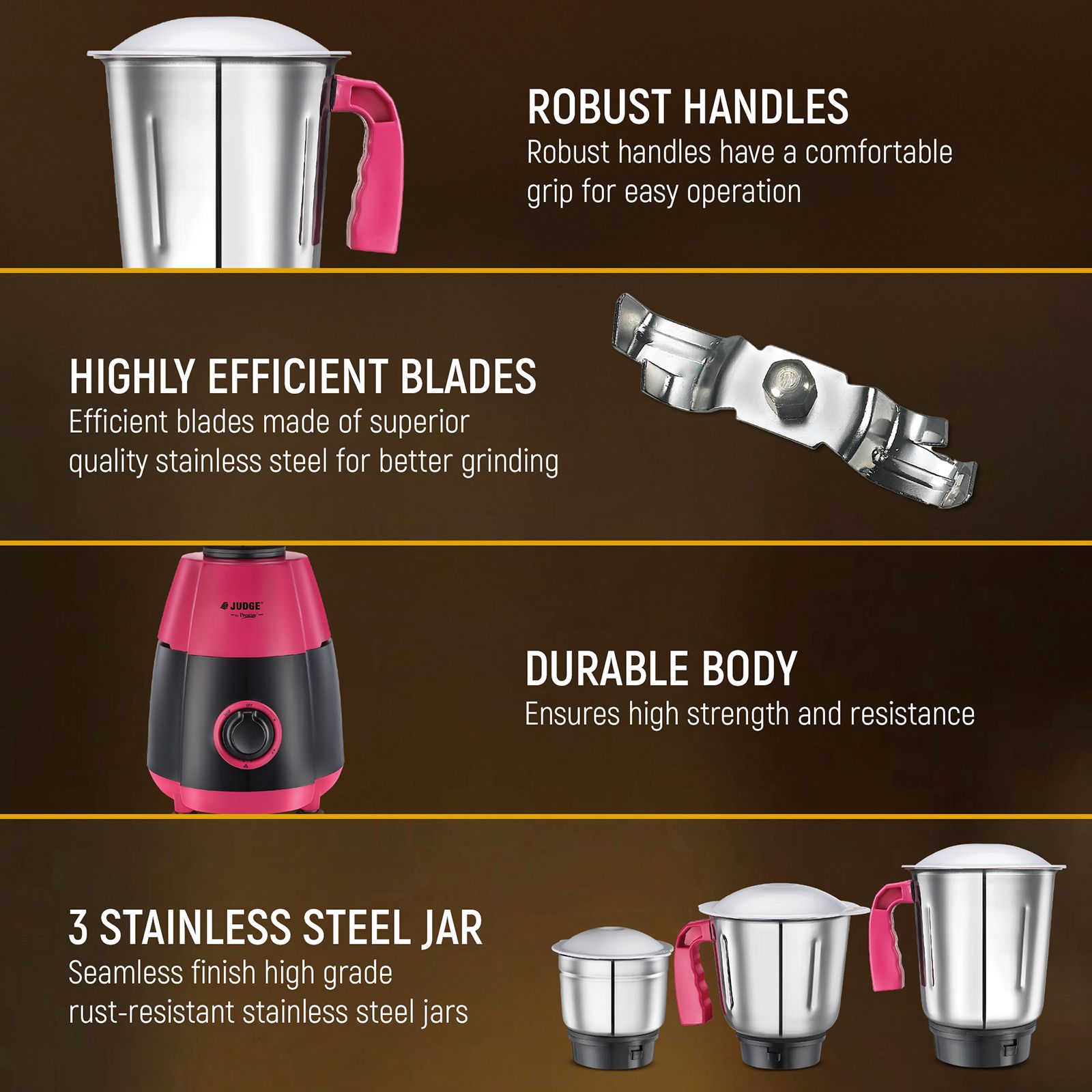 JUDGE By Prestige Aura 750 Watt 3 Jars Mixer Grinder (21000 RPM, Rust Resistant, Pink & Black)_5