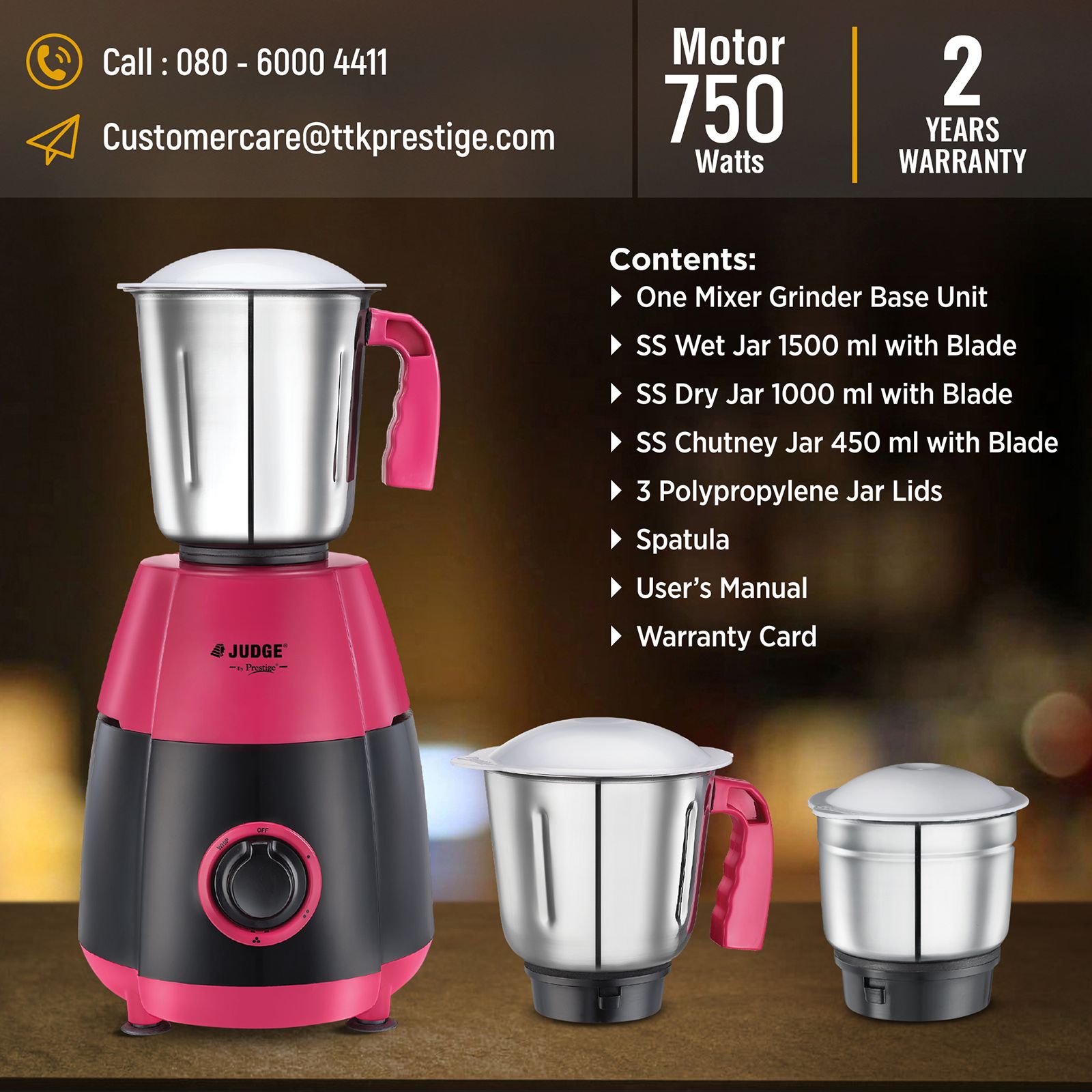 JUDGE By Prestige Aura 750 Watt 3 Jars Mixer Grinder (21000 RPM, Rust Resistant, Pink & Black)_6