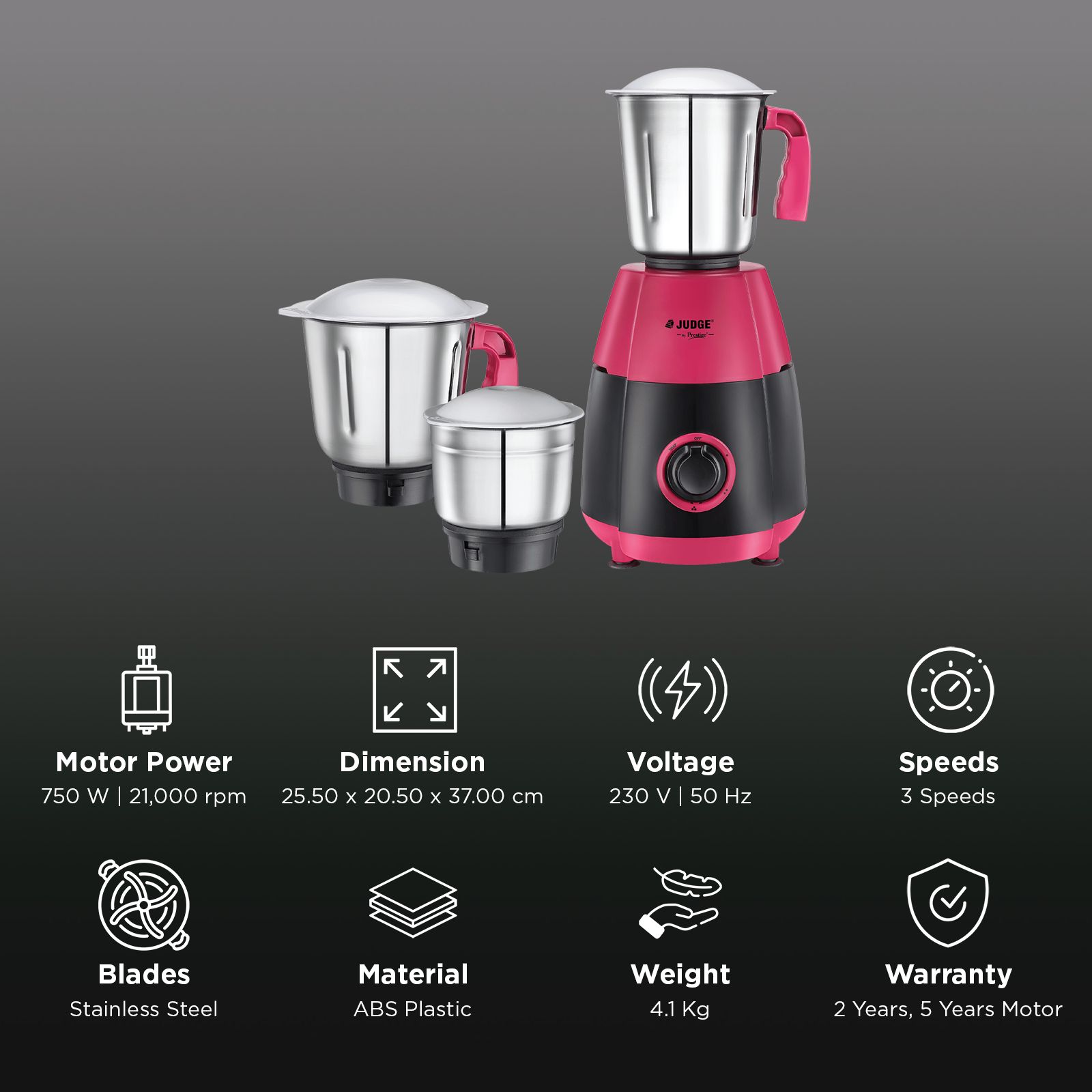 JUDGE By Prestige Aura 750 Watt 3 Jars Mixer Grinder (21000 RPM, Rust Resistant, Pink & Black) JUDGE By Prestige Aura 750 Watt 3 Jars Mixer Grinder (21000 RPM, Rust Resistant, Pink & Black)_2