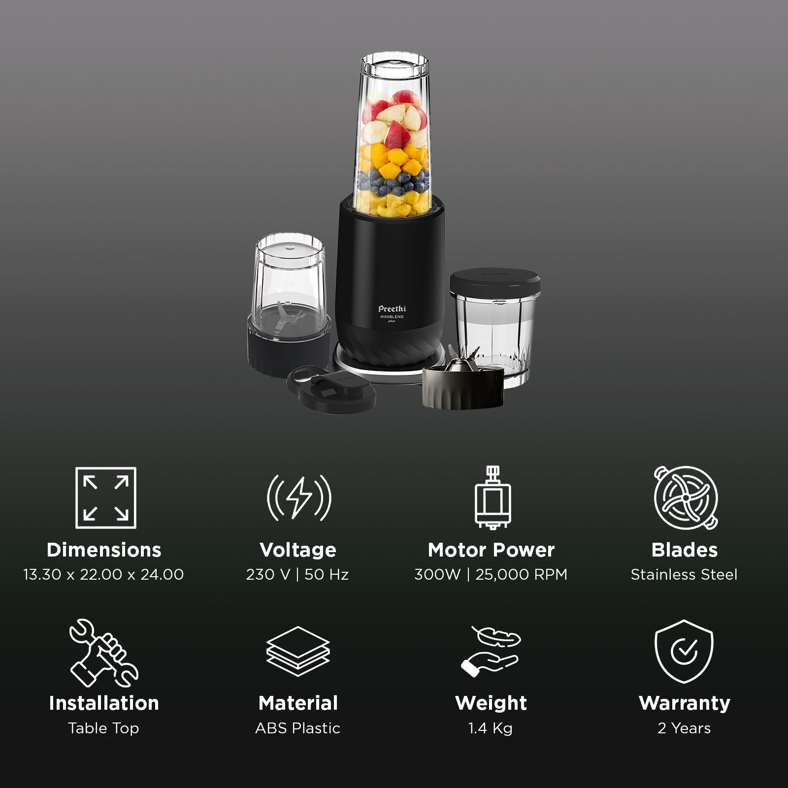 Preethi MINIBLEND plus 300 Watt 3 Jars Juicer Blender (25000 RPM, Secure Leak-Proof Jars, Black) Preethi MINIBLEND plus 300 Watt 3 Jars Juicer Blender (25000 RPM, Secure Leak-Proof Jars, Black)_2