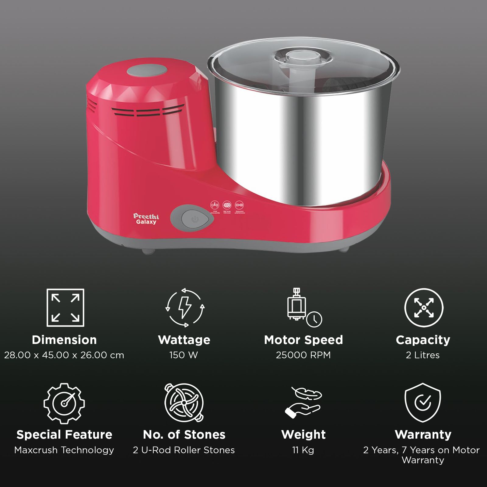 Preethi Galaxy 2 Litres 2 Stones Wet Grinder (Maxcrush Technology, Red) _2