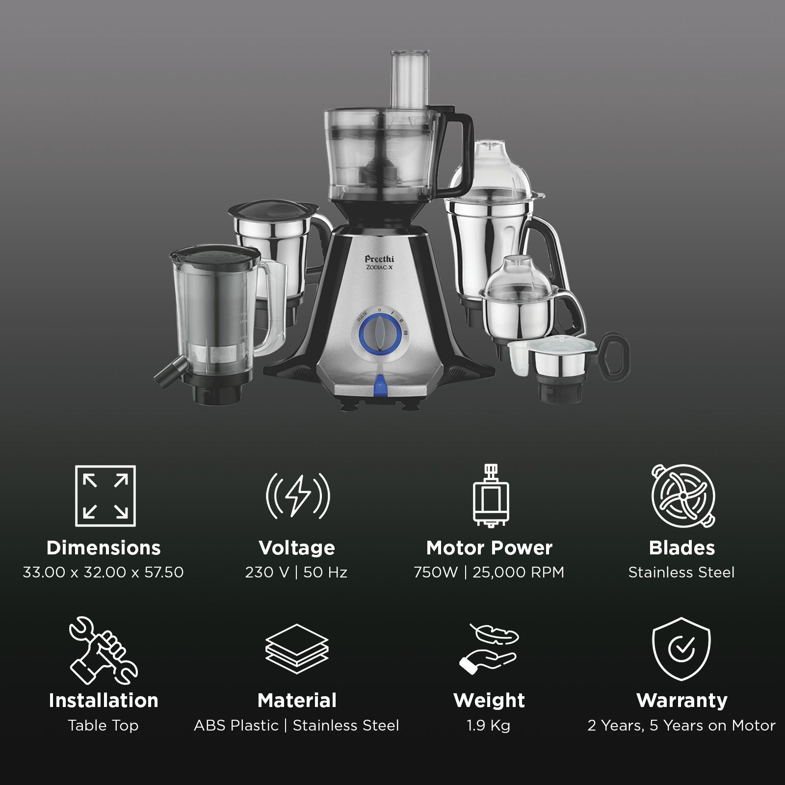 Preethi ZODIAC-X 750 Watt 6 Jars Juicer Mixer Grinder (25000 RPM, Effortless Atta Kneading, Silver & Black)_2