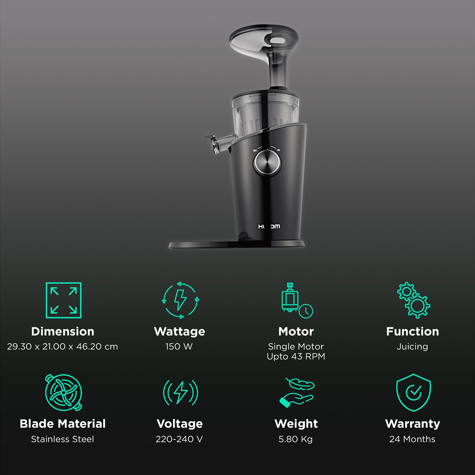 Hurom Easy Series 150 Watt Cold Press Juicer (43 RPM, Quiet Operation, Black Pearl)_2