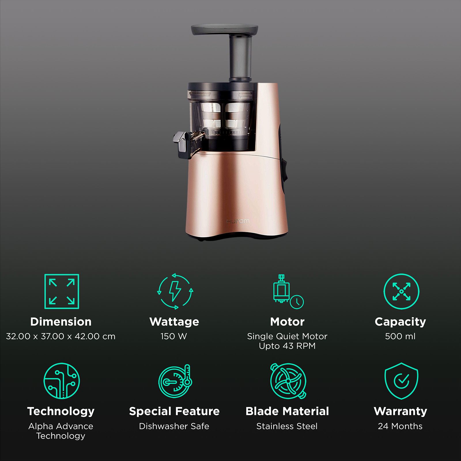 Hurom Classic Series 150 Watt Cold Press Juicer (43 RPM, Slow Squeeze Technology, Rose Gold) Hurom Classic Series 150 Watt Cold Press Juicer (43 RPM, Slow Squeeze Technology, Rose Gold)_2