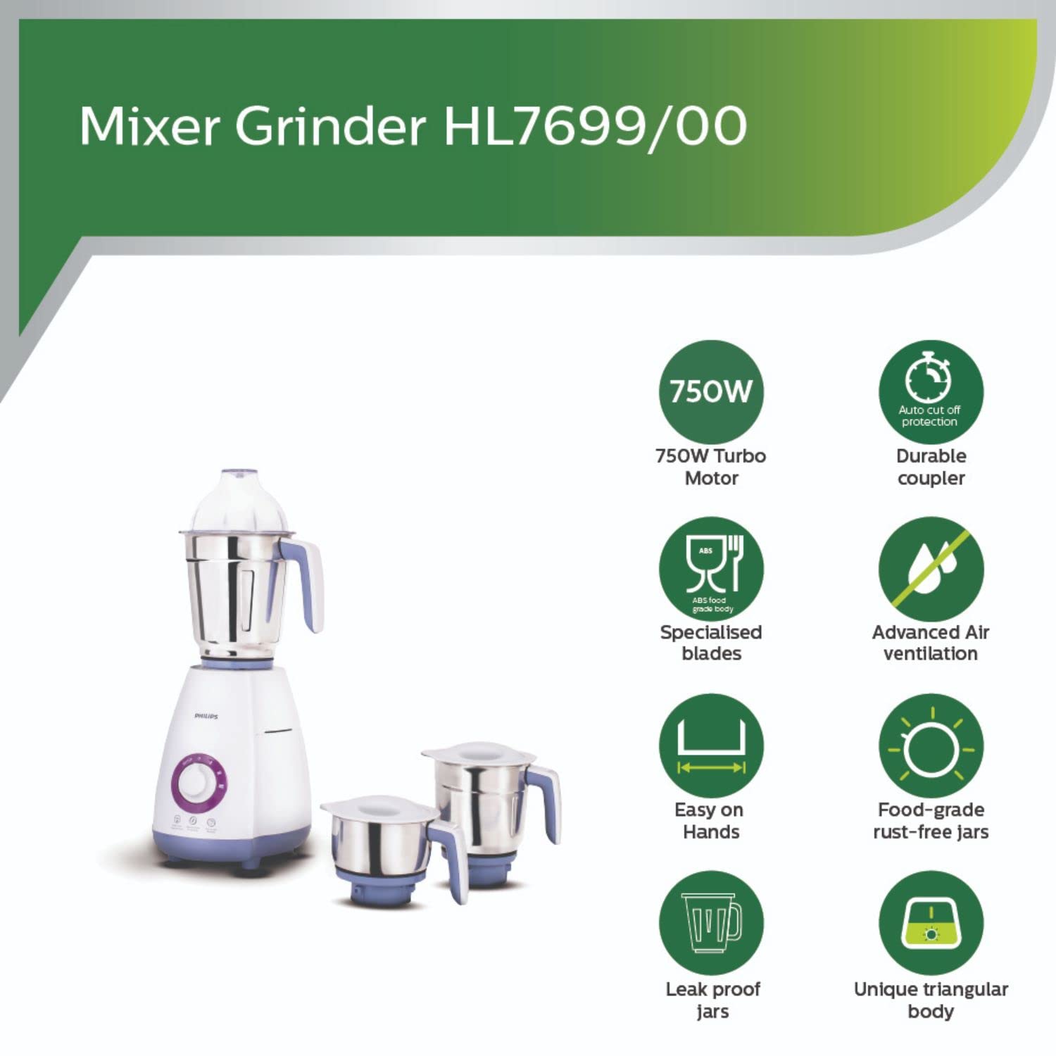 PHILIPS Viva Collection 750 Watt 3 Jars Mixer Grinder (19500 RPM, Auto Cut Off Protection, White/Blue)_13