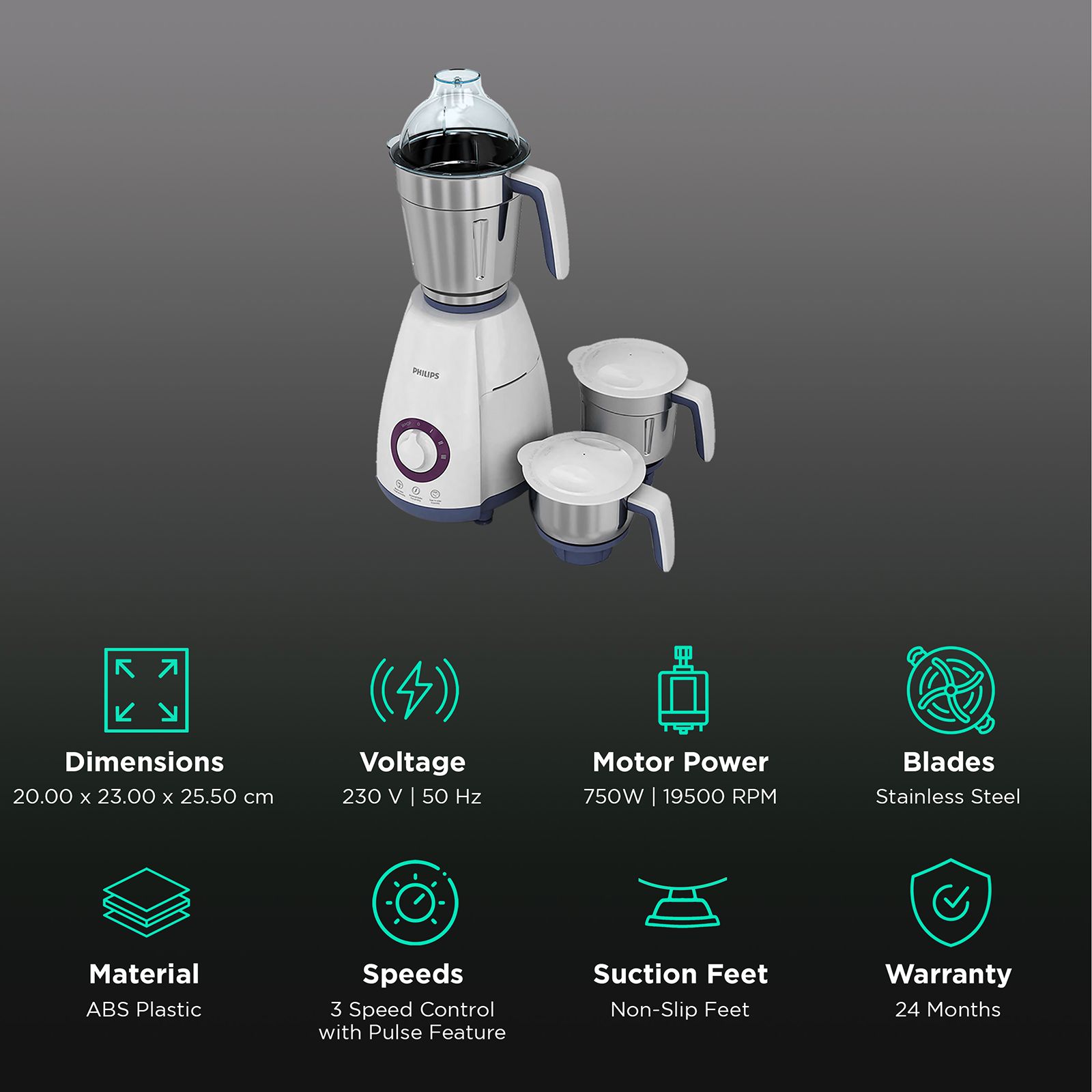 PHILIPS Viva Collection 750 Watt 3 Jars Mixer Grinder (19500 RPM, Auto Cut Off Protection, White/Blue)_2