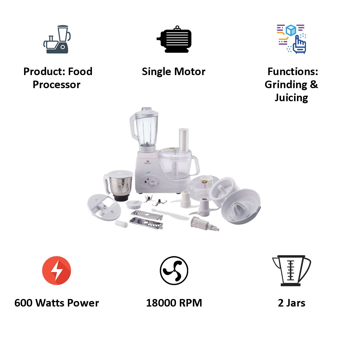 BAJAJ FX 7 600 Watt Food Processor with 3 Blades (White)_4