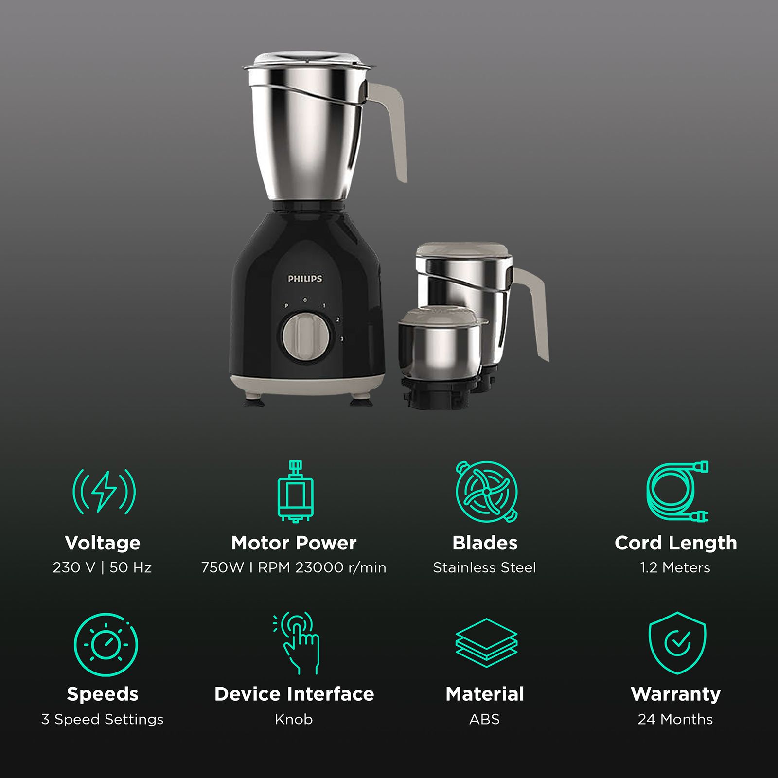 PHILIPS Daily Collection 750 Watt 3 Jars Mixer Grinder (Turbo Motor, Black) PHILIPS Daily Collection 750 Watt 3 Jars Mixer Grinder (Turbo Motor, Black)_2