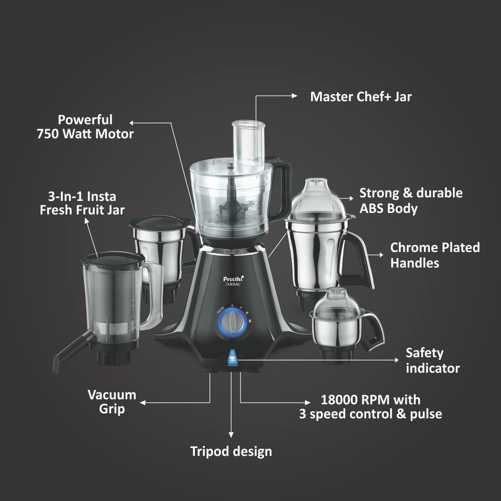 Preethi Zodiac 750 Watt 5 Jars Juicer Mixer Grinder (19000 RPM, 3D Cooling System, Black) Preethi Zodiac 750 Watt 5 Jars Juicer Mixer Grinder (19000 RPM, 3D Cooling System, Black)_18