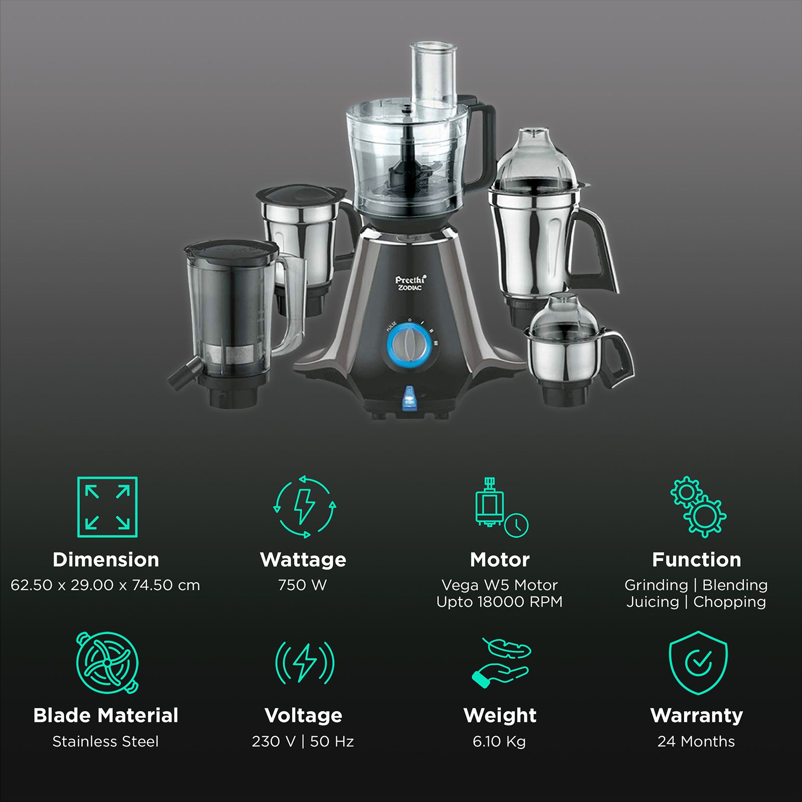 Preethi Zodiac 750 Watt 5 Jars Juicer Mixer Grinder (19000 RPM, 3D Cooling System, Black) Preethi Zodiac 750 Watt 5 Jars Juicer Mixer Grinder (19000 RPM, 3D Cooling System, Black)_2